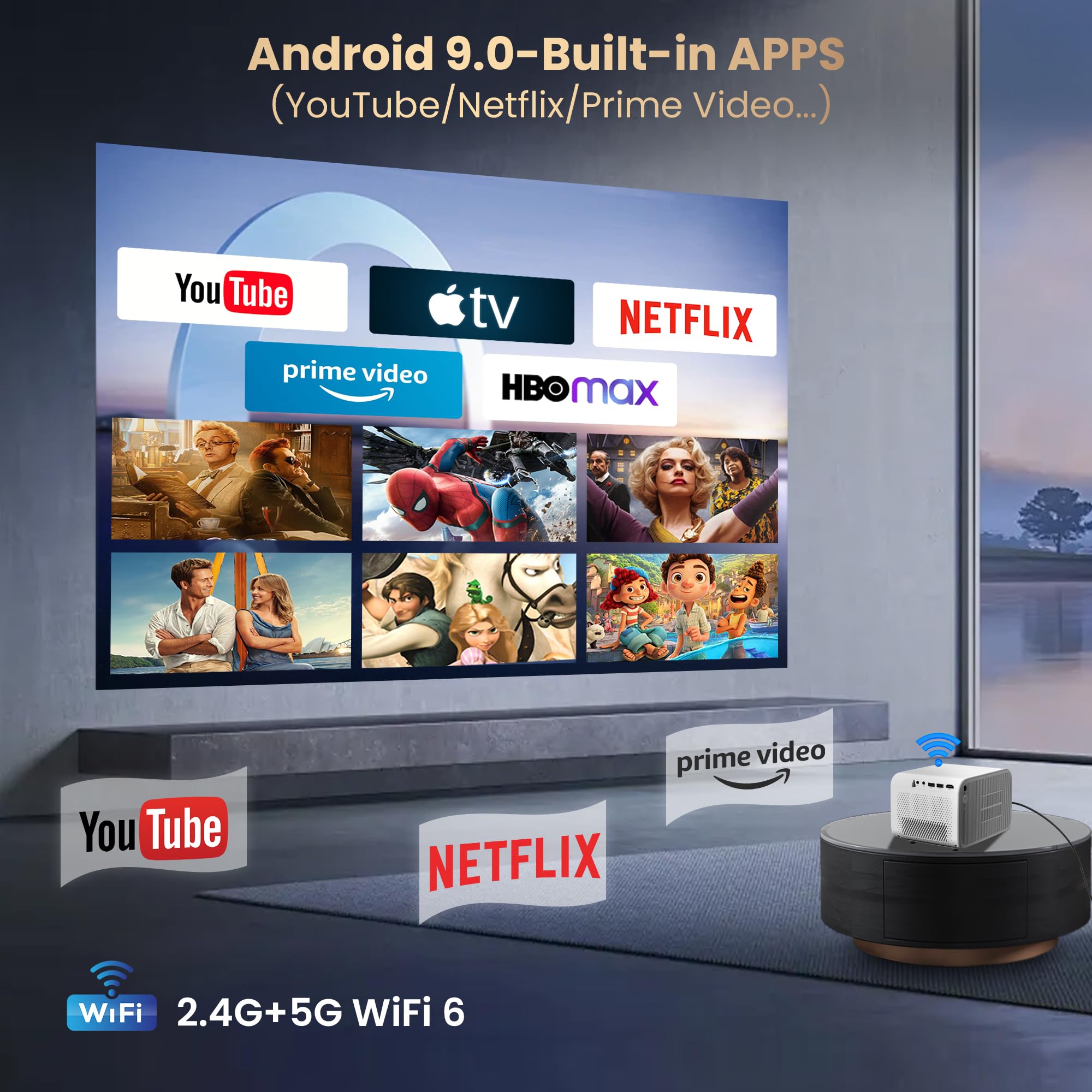 [Auto Focus/Keystone] Projector 4K With Android Os 1080P Native 500 Ansi, Hippus Smart Projector With Wifi 6 And Bluetooth, Port