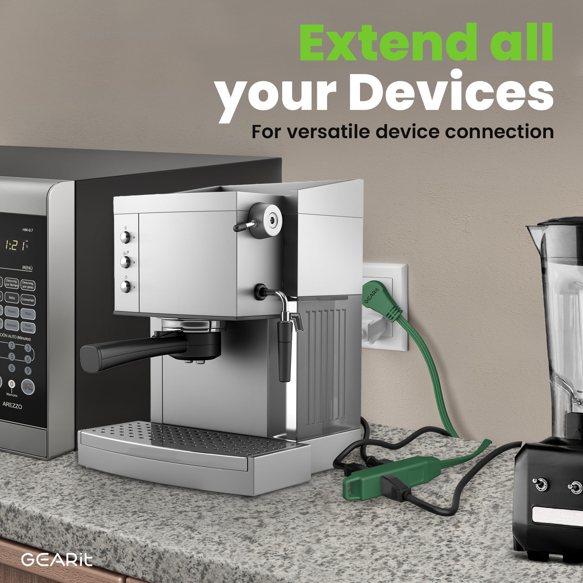 Gearit 360 Rotating Flat Plug Extension Cord With 3 Outlets (15Ft, Green) 16Awg/13A 3 Prong Wire, Outlet Saver For Home Office D