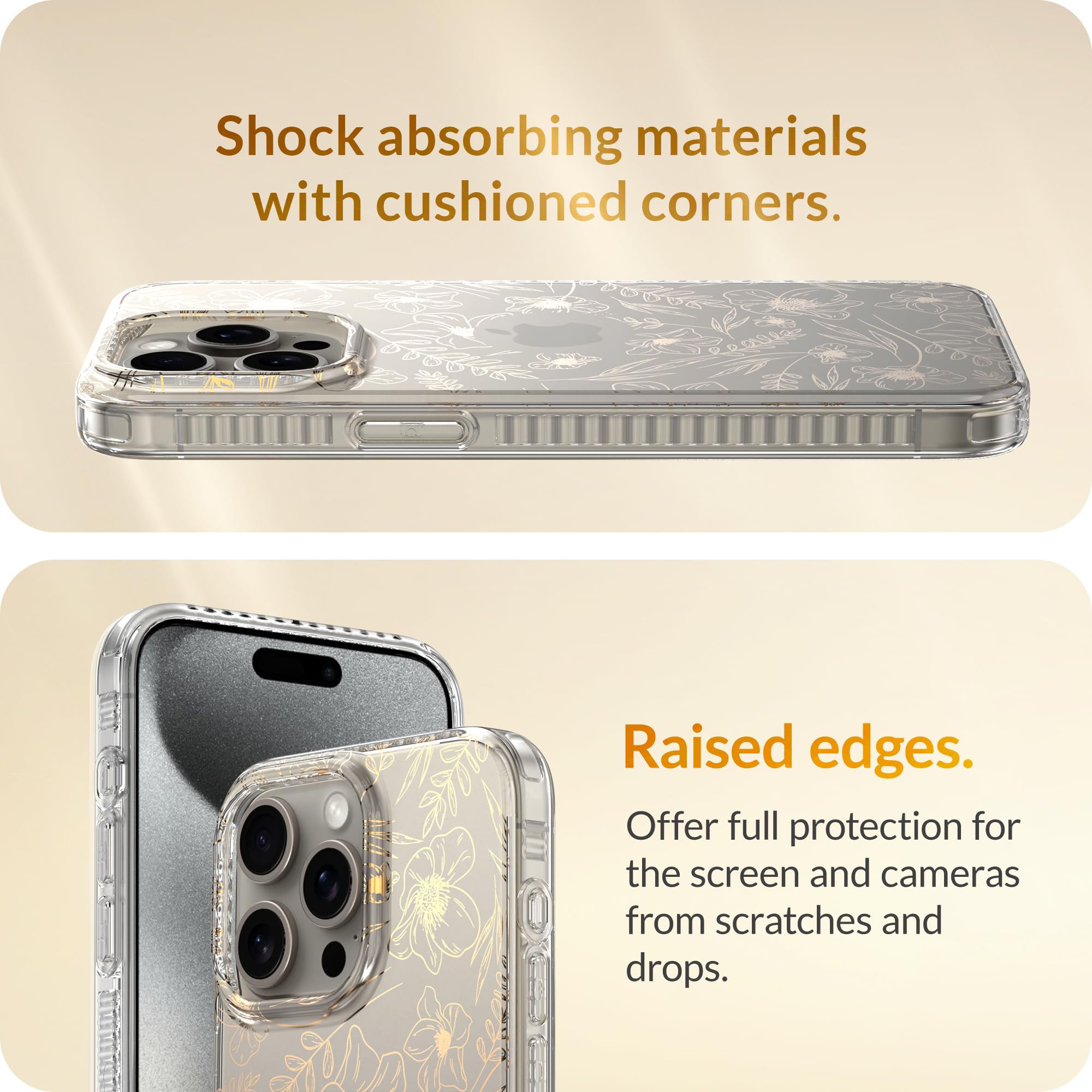 Lonli Hue   For Iphone 15 Pro Max Case   Gold Flower Floral Phone Case With [4 Airbag Cushioned Corners]   Elegant, Unique And A