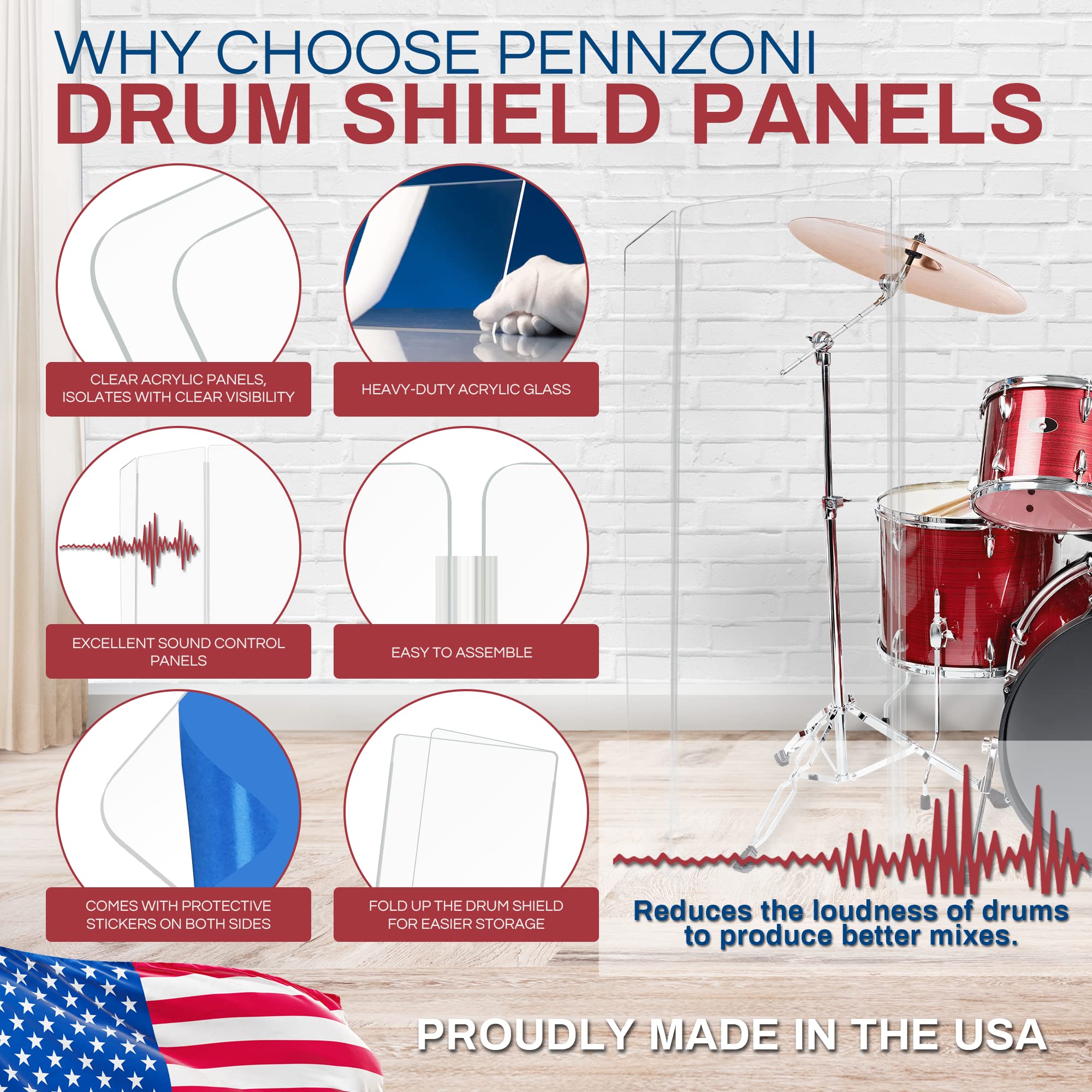 Pennzoni Drum Shield 5Ft W/Plastic Hinges, Comes W/ 7 Drum Panels & Plastic Hinges, Premium Clear Acrylic Panels, Drum Screen