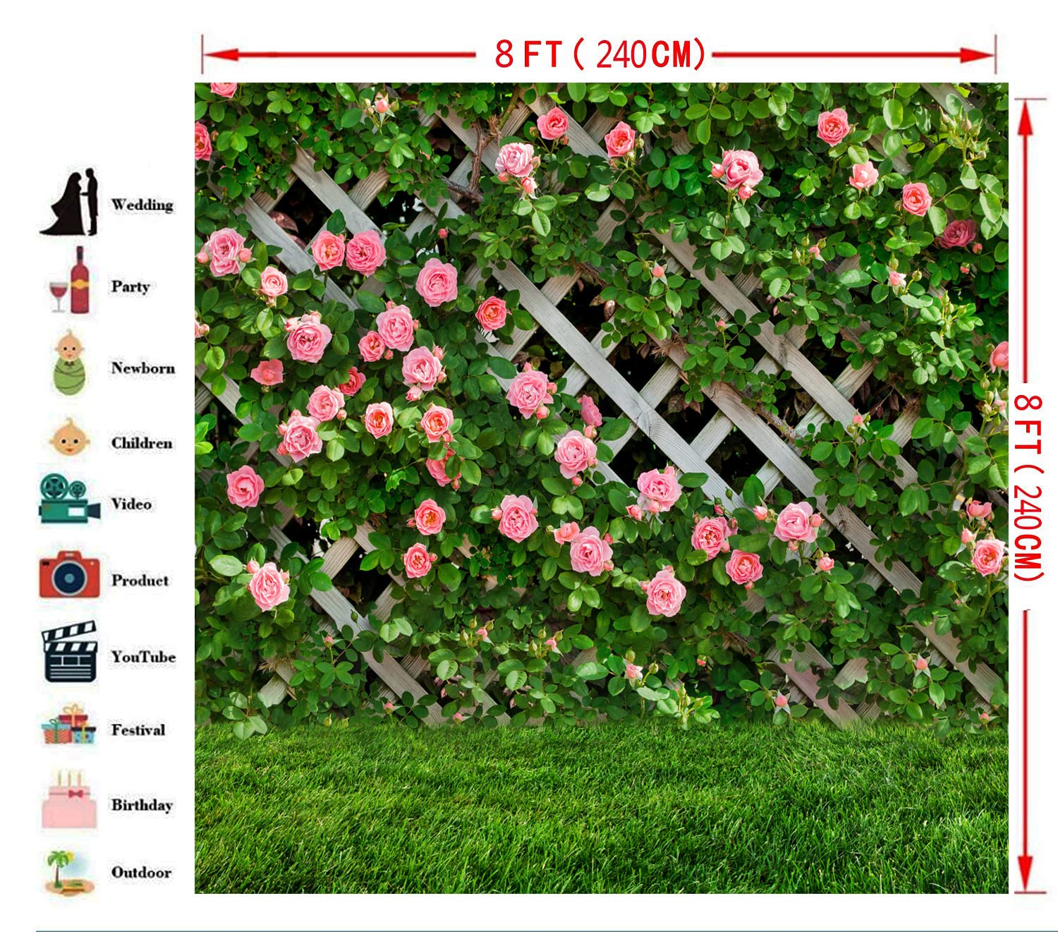 Aiikes 8X8Ft Flowers Photography Backdrop Spring Floral Photo Background Green Leaf Fence Backdrops Wedding Bridal Backdrop Baby