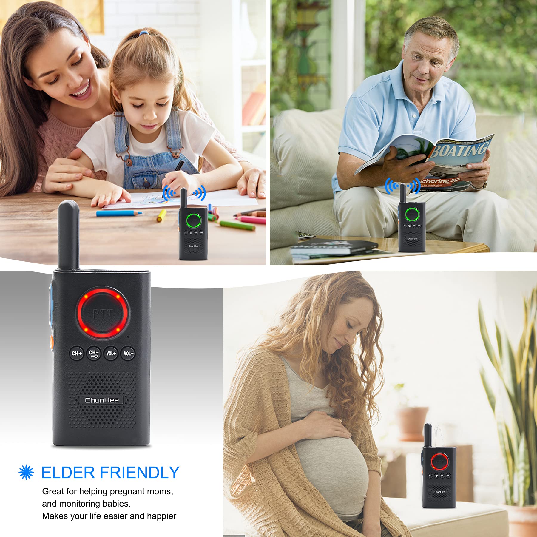 Chunhee Wireless Intercom System For Elderly/Kids, Home Intercom System Room To Room Communication, 1.5 Miles Long Range 16 Channel Intercom System For Home/Office/Camping/Hiking/Vacation 6 Pcs