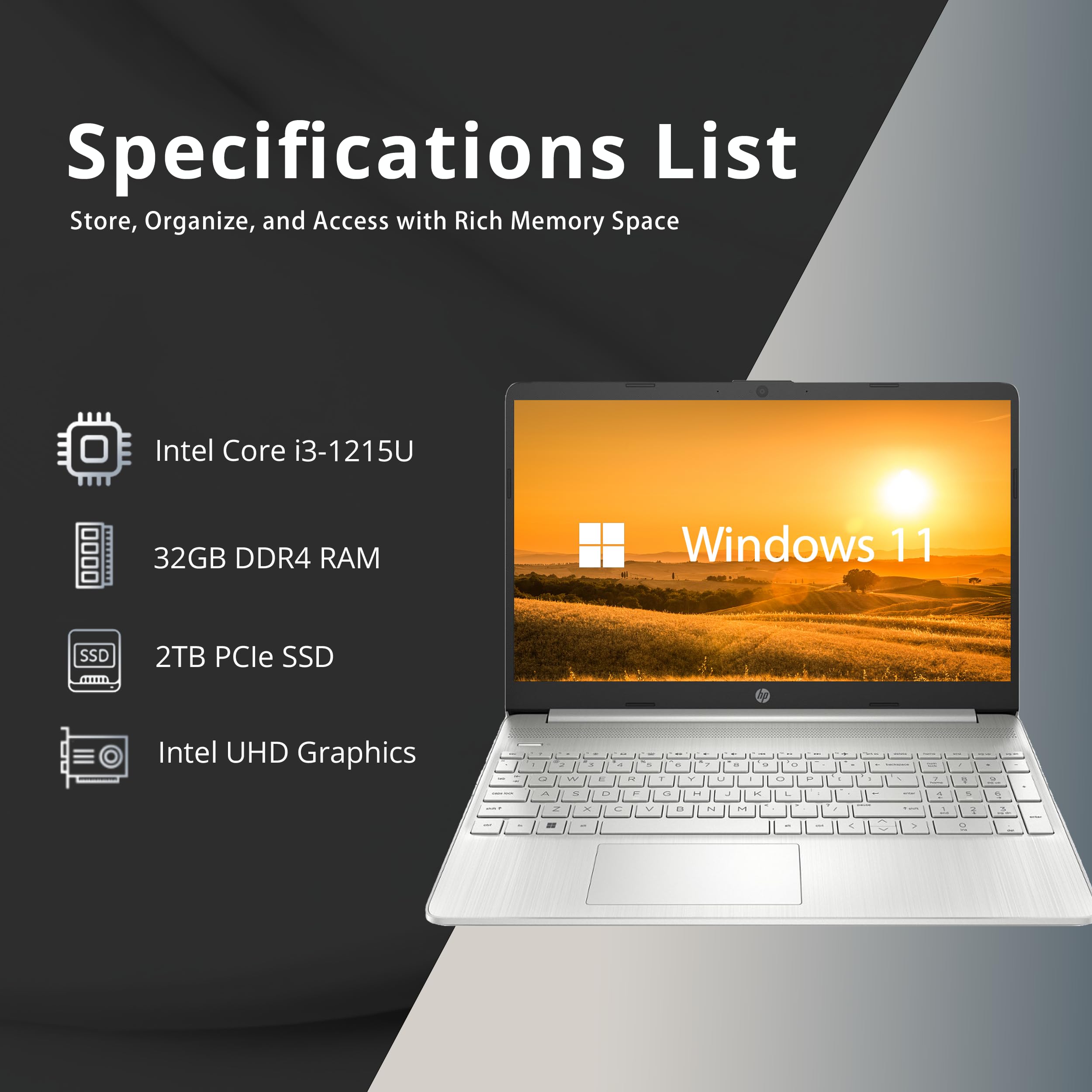 Hp 15.6'' Fhd Laptop, Intel I3-1215U, 32Gb Ddr4 Ram, 2Tb Ssd, Intel Uhd Graphics, Numeric Keypad, Hd Camera, Wifi, Bluetooth, Wi