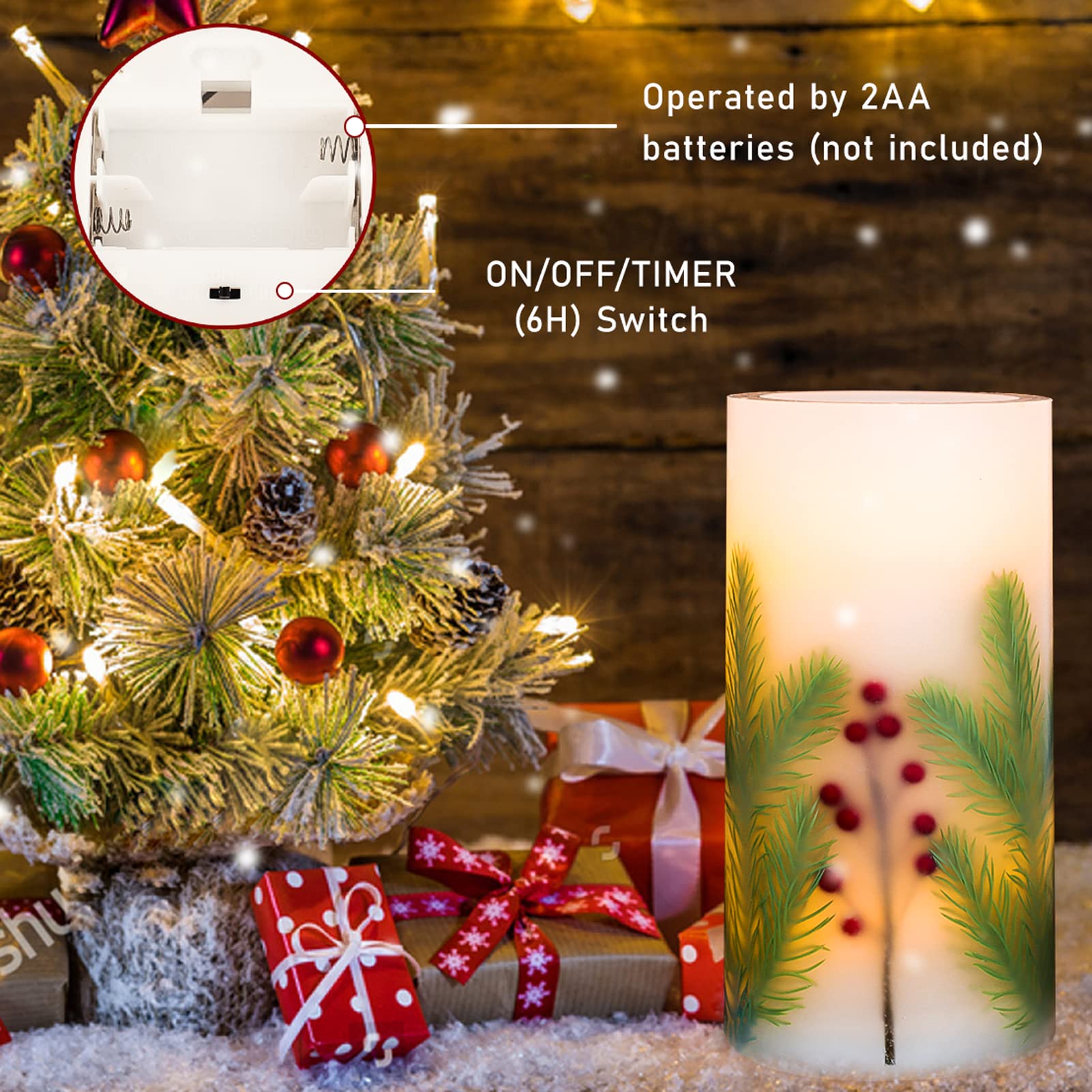 Flavcharm Led Candle 4 Inch By 8 Inch Embedded Pine Needle With Red Berry Handmade Craft Decorative Pillar Flickering Candle Bat