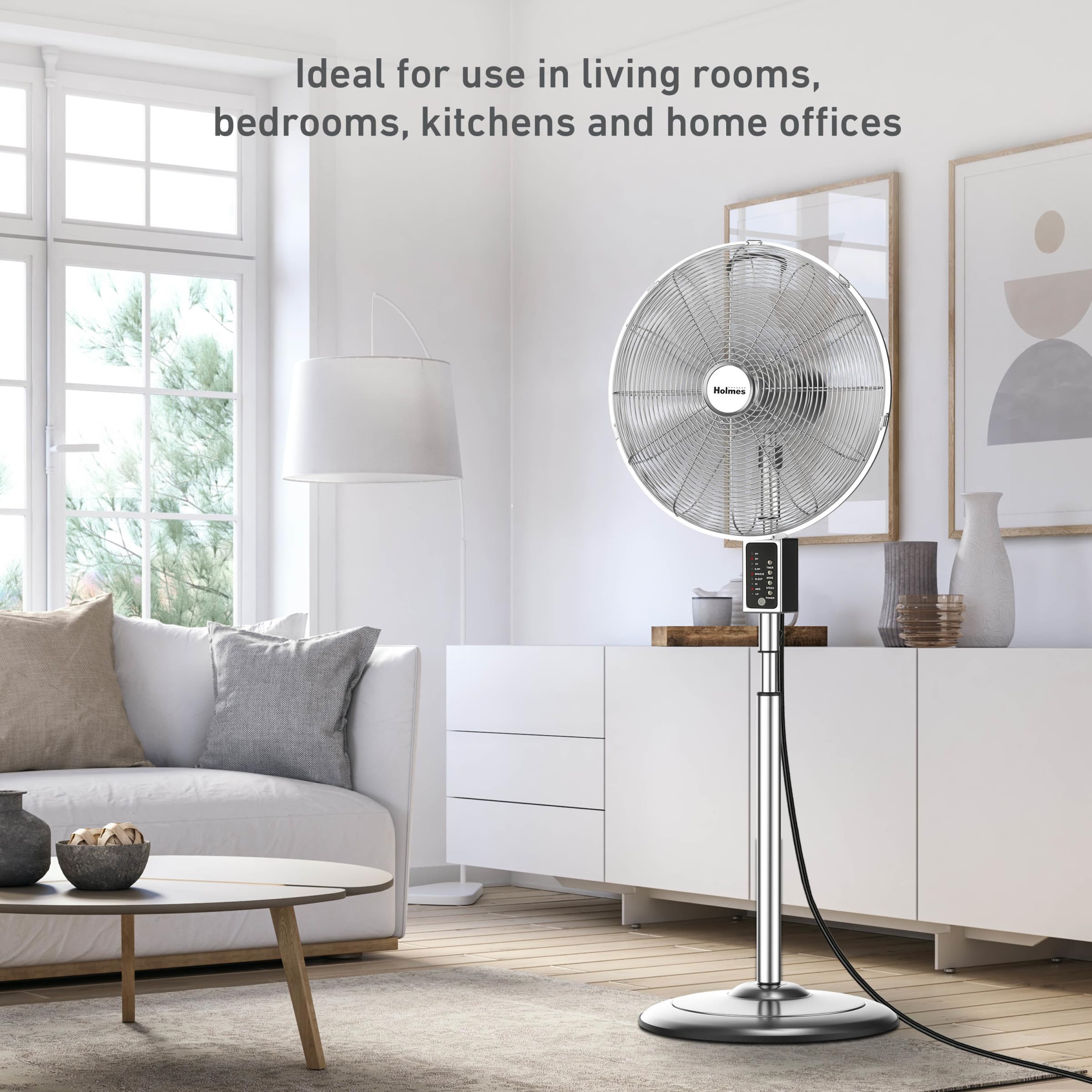 Holmes 16'' Chrome Digital Stand Fan, 75 Oscillation, 3 Speeds, 4 Blades, 3 Modes, Adjustable Height, 18 Head Tilt, Ideal For Ho