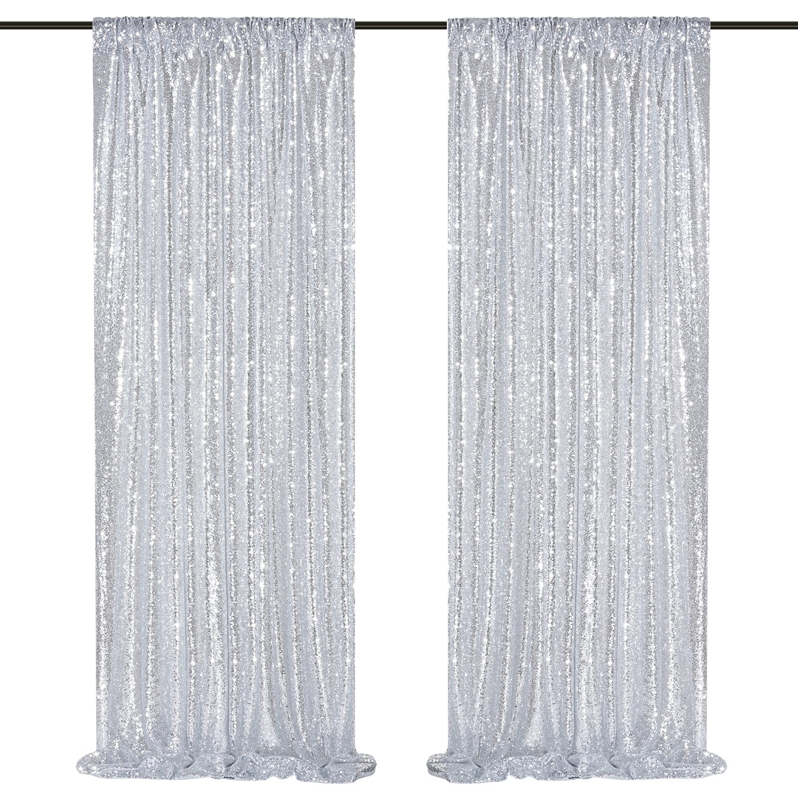 Silver Sequin Backdrop 2 Panels 2Ftx8Ft Christmas Party Backdrop Curtains Glitter Photo Background For Wedding Baby Shower Stage