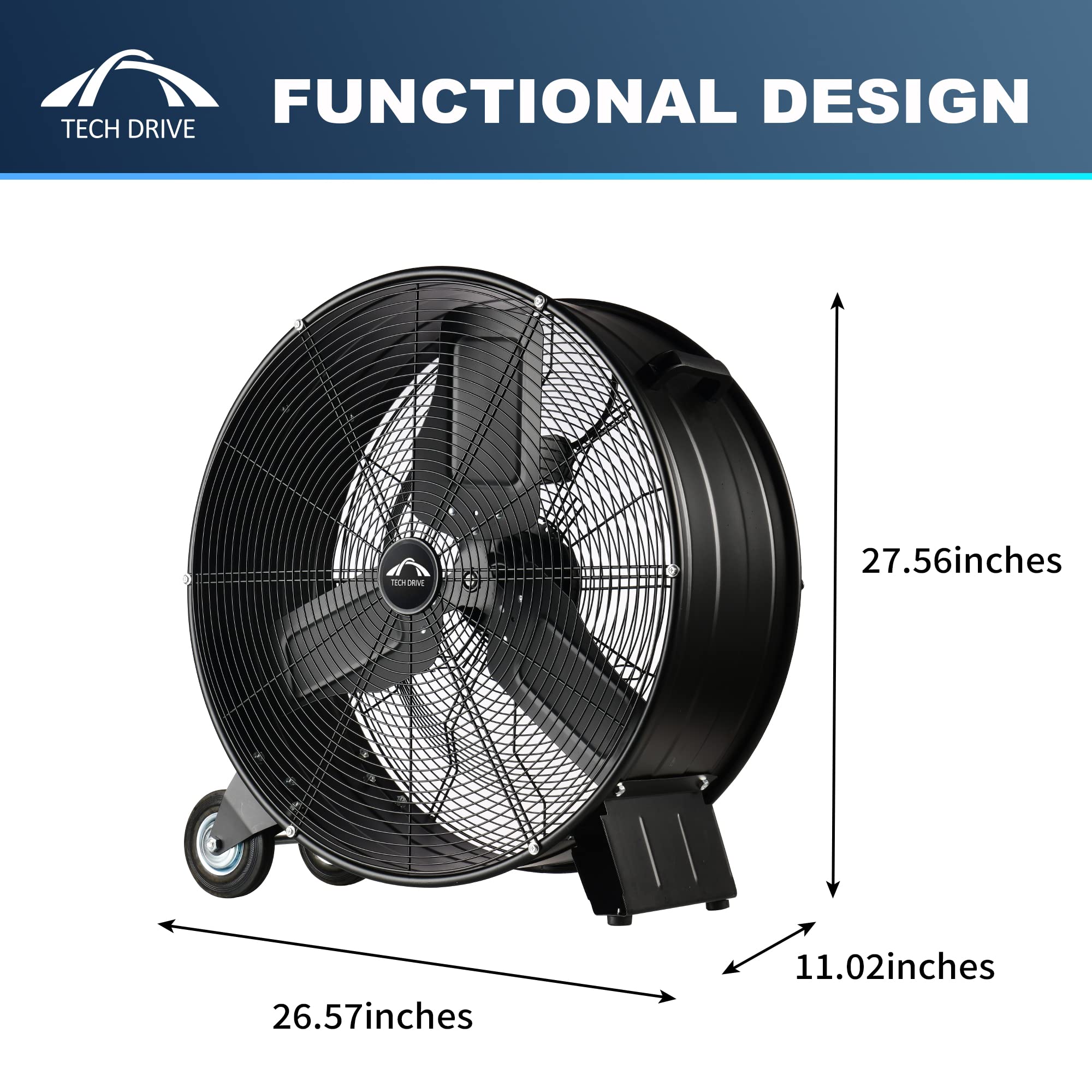 Tech Drive Heavy Duty Metal Industrial Drum Fan, 24 Inch High Velocity Shop Fan, 2 Speed Large Floor Fan For Warehouse, Workshop