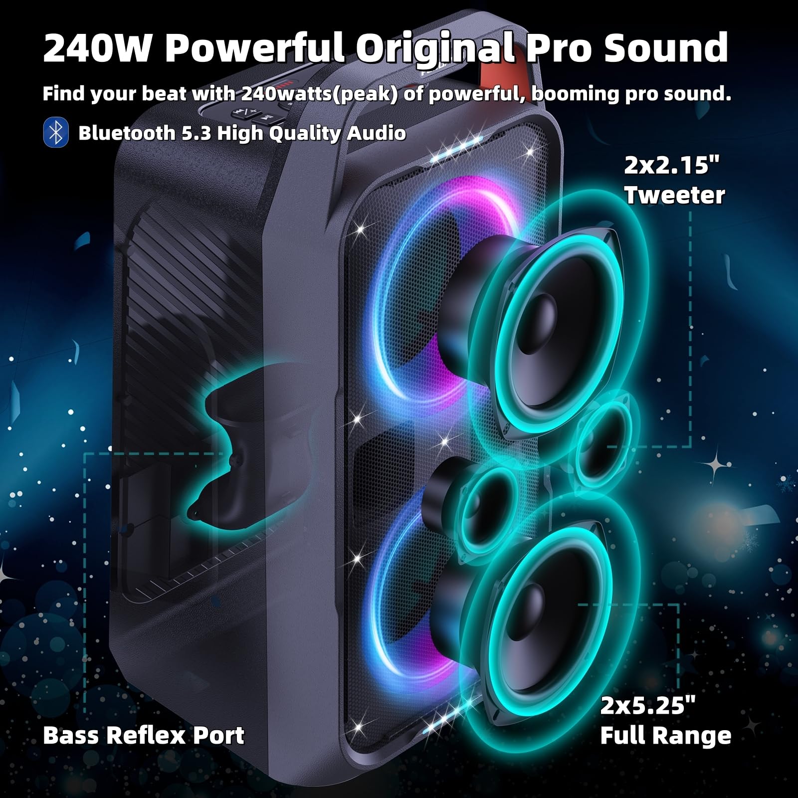 Foxdawn Portable Bluetooth Speaker: 240W Peak Powerful Loud Sound Deep Bass Wireless Boombox Large Subwoofer 15 Hours Battery Li