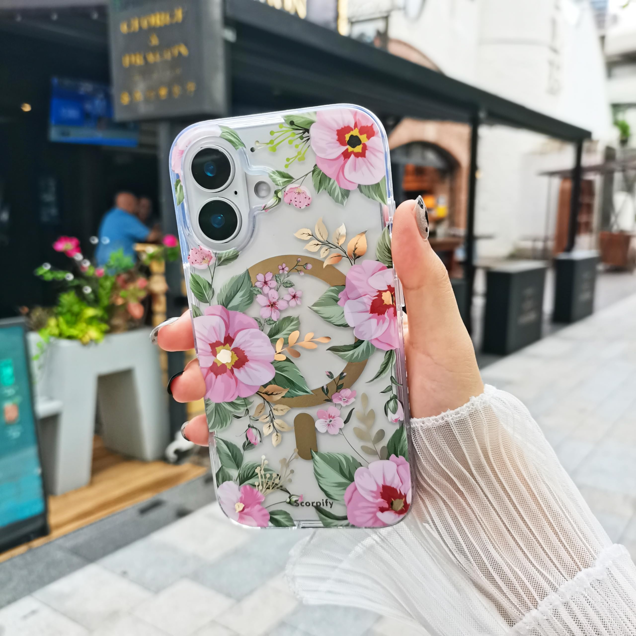 Scorpify For Iphone 16 Case [Compatible With Magsafe] With Pink Primrose Floral Design, Cute Clear Flower Magnetic Phone Cover F