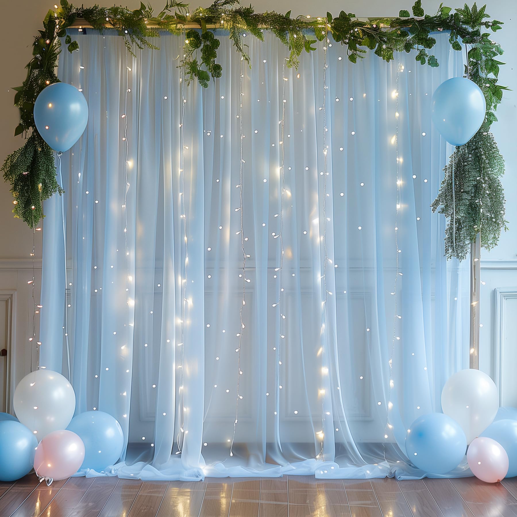 10X10Ft Baby Blue Tulle Backdrop Curtain With Lights String For Parites, Sheer Backdrop Curtains For Wedding Baby Shower Birthda