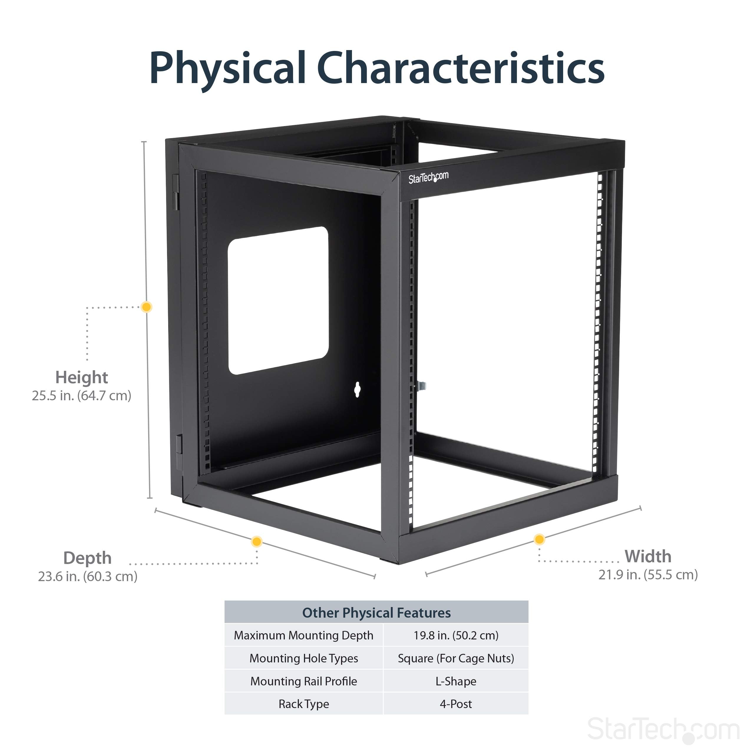 Startech.Com 4 Post 8U Hinged Wall Mount Network Rack, 19'' Open Frame Server Rack With 19.8In Mounting Depth, Wall Mount Swing