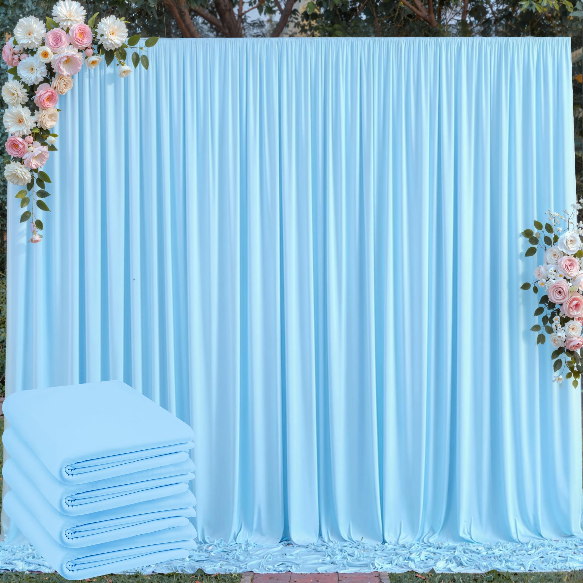 20 ft x 10 ft Wrinkle Free Baby Blue Backdrop Curtains for Parties, 4 Panels 5 ft x 10 ft Polyester Light Blue Photo Backdrop Cu