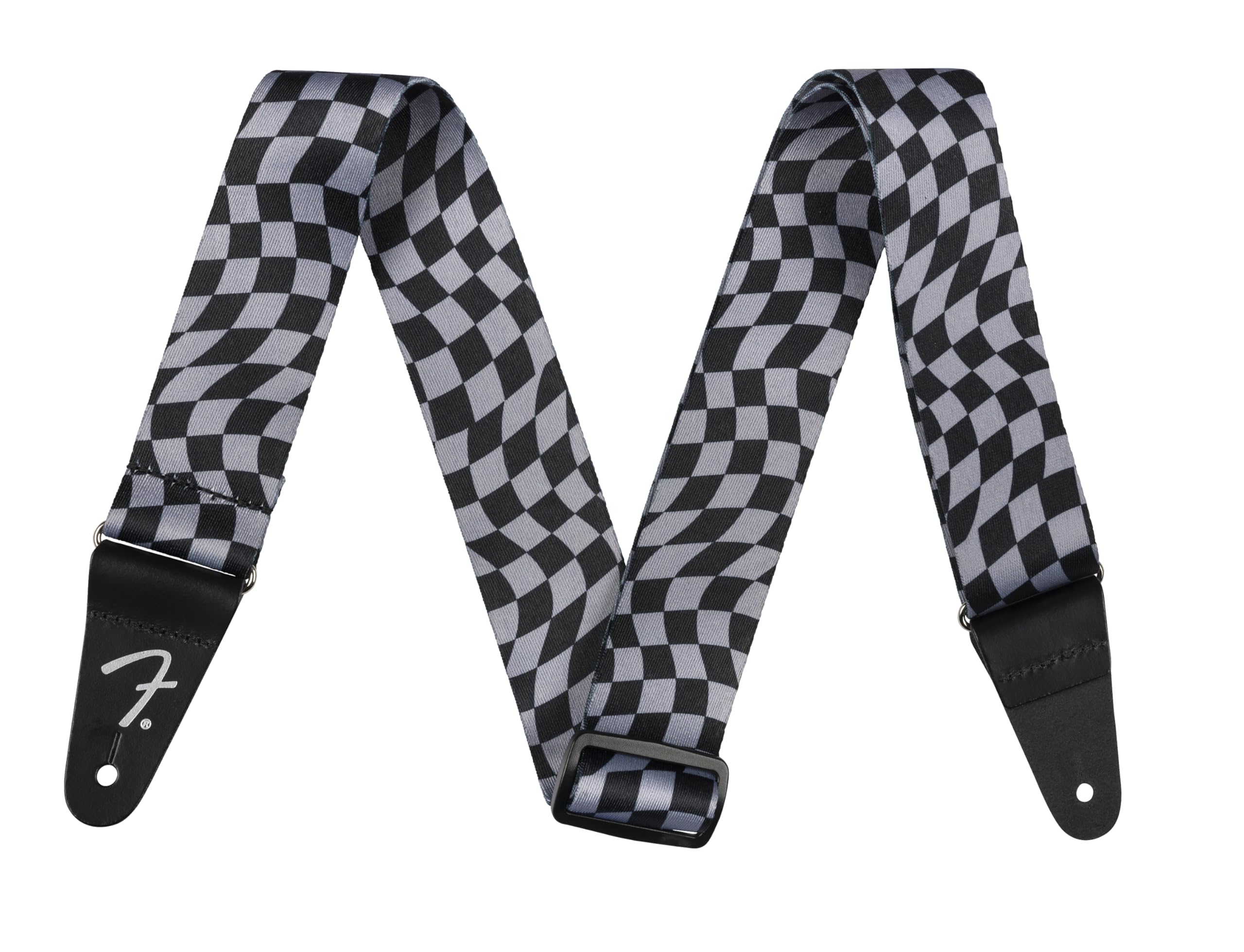 Fender Wavy Checkerboard Polyester Guitar Strap, Adjustable from 34-59, Leather Ends, Gray