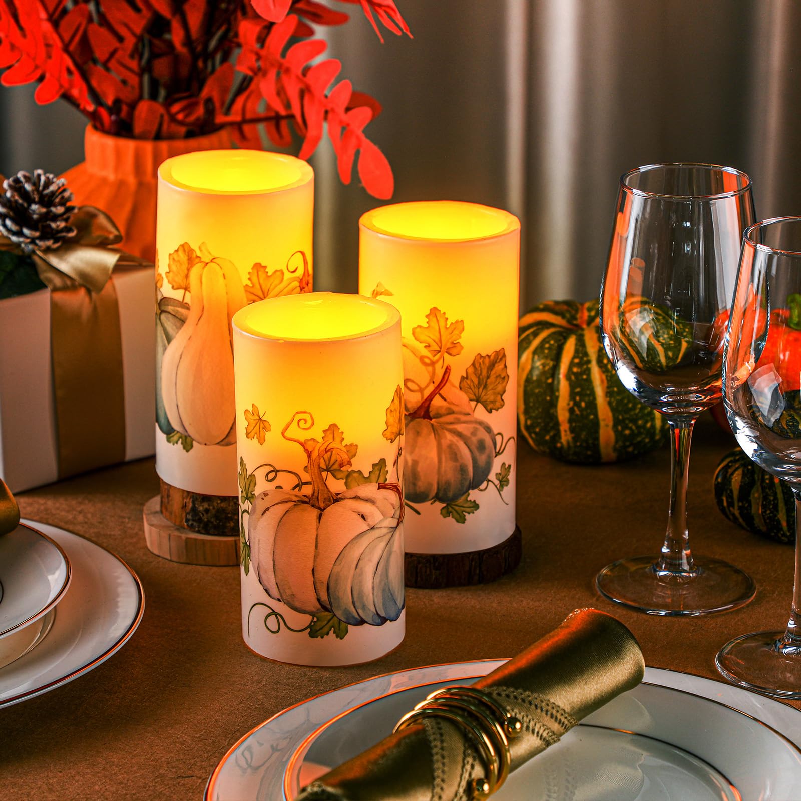 Roceei 3 Pack Fall Led Candles With Remote Fall Flameless Candles Blue Pumpkin Led Real Wax Candles Black And White Autumn Batte