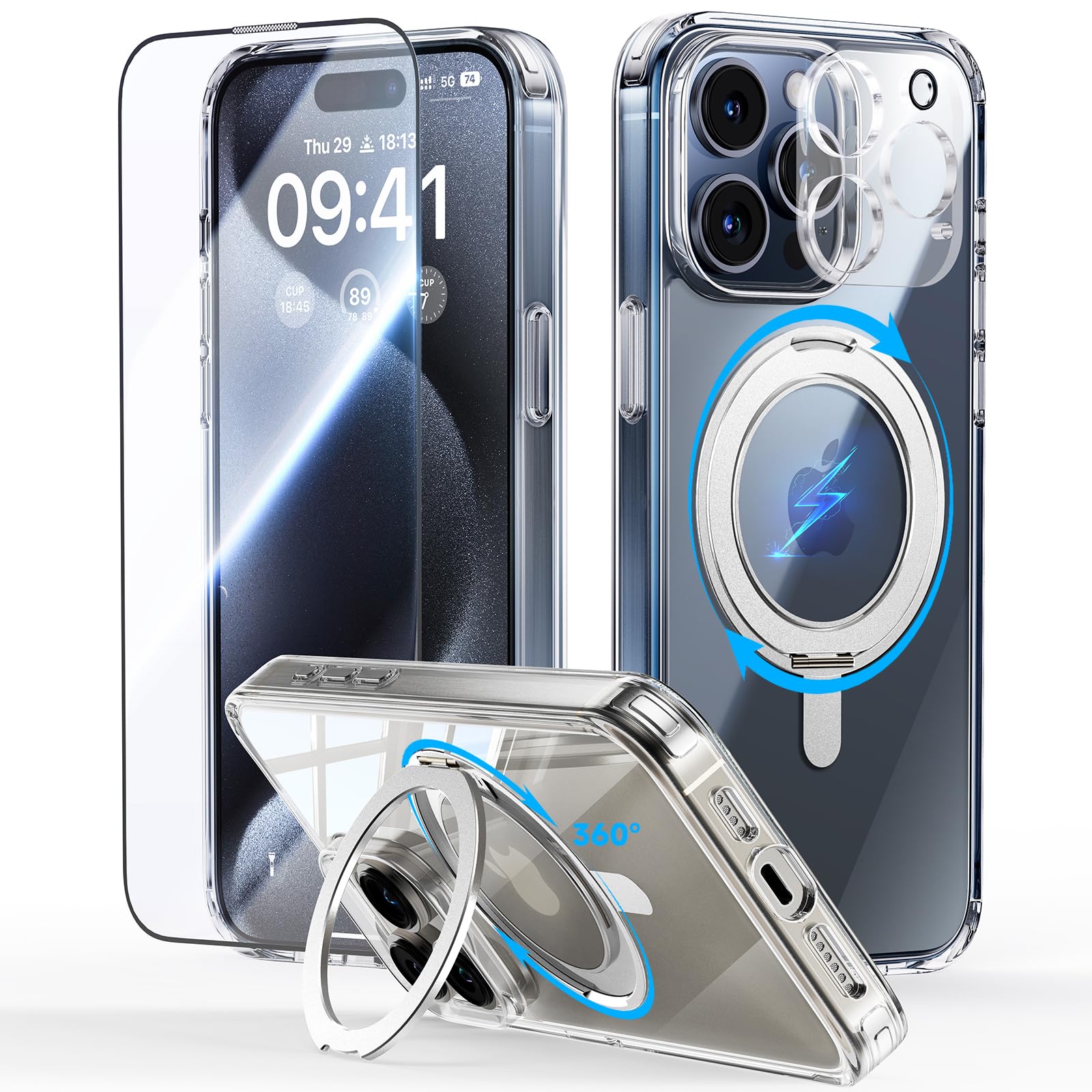 Jueshituo For Iphone 15 Pro Case: [Non Yellowing] 360Rotatable Magnetic Ring Stand & Holder With [Rotary Damping Sound], Fit For