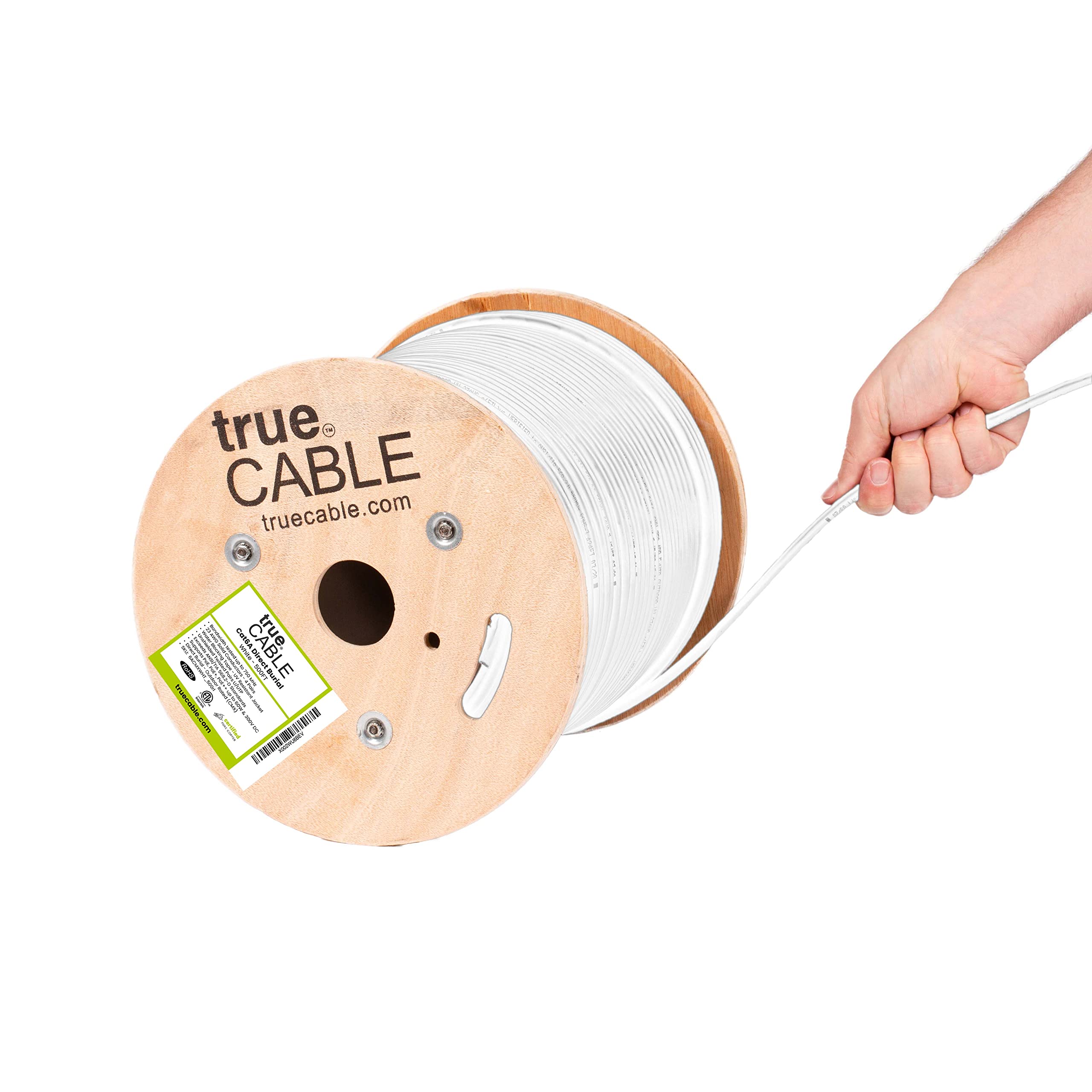 Truecable Cat6A Direct Burial, 500Ft, Waterproof, Outdoor Rated Cmx, White, 23Awg Solid Bare Copper, 750Mhz, Poe++ (4Ppoe), Etl Listed, Unshielded Utp, Bulk Ethernet Cable