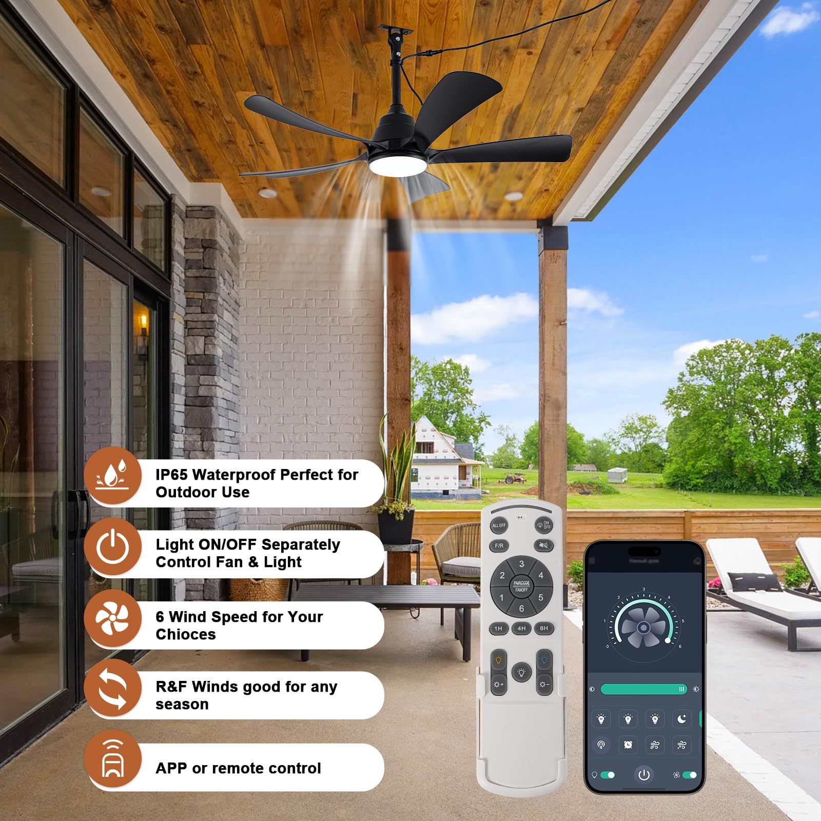 Cncmtiger 42 Waterproof Outdoor Ceiling Fan With Lights Ip65 Outdoor Gazebo Fan Wet Rated Hanging Plug In Ceiling Fan For Pati