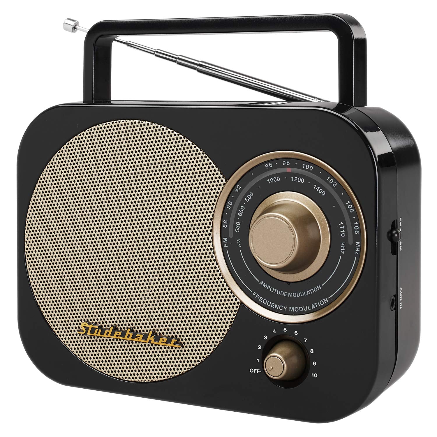 Studebaker Black And Gold Classic Retro Portable Am/Fm Radio With Aux Input   Sb2000Bg