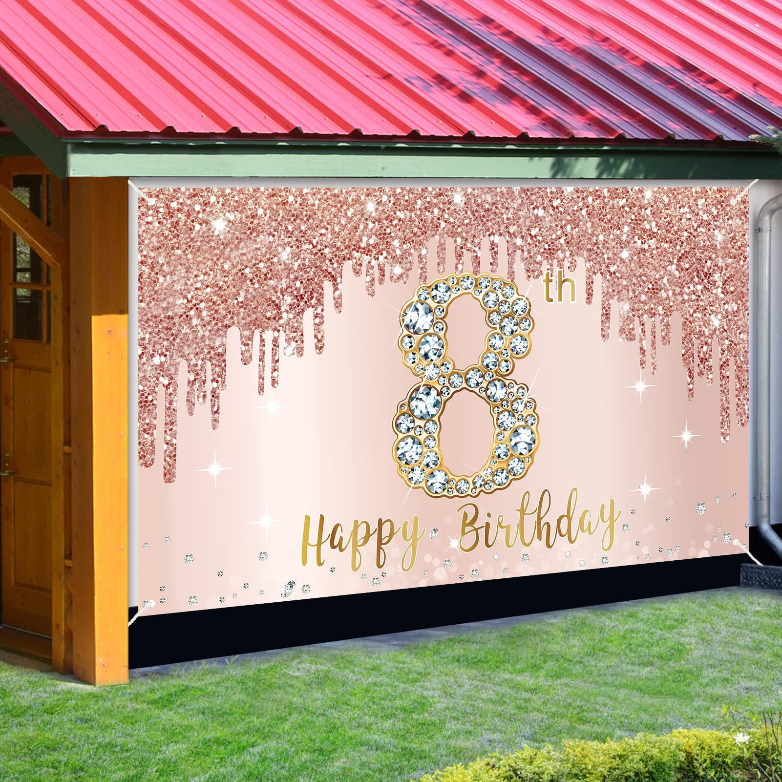 Happy 8Th Birthday Banner Backdrop Decorations For Girls, Rose Gold 8 Birthday Party Sign Supplies, Pink Eight Year Old Birthday