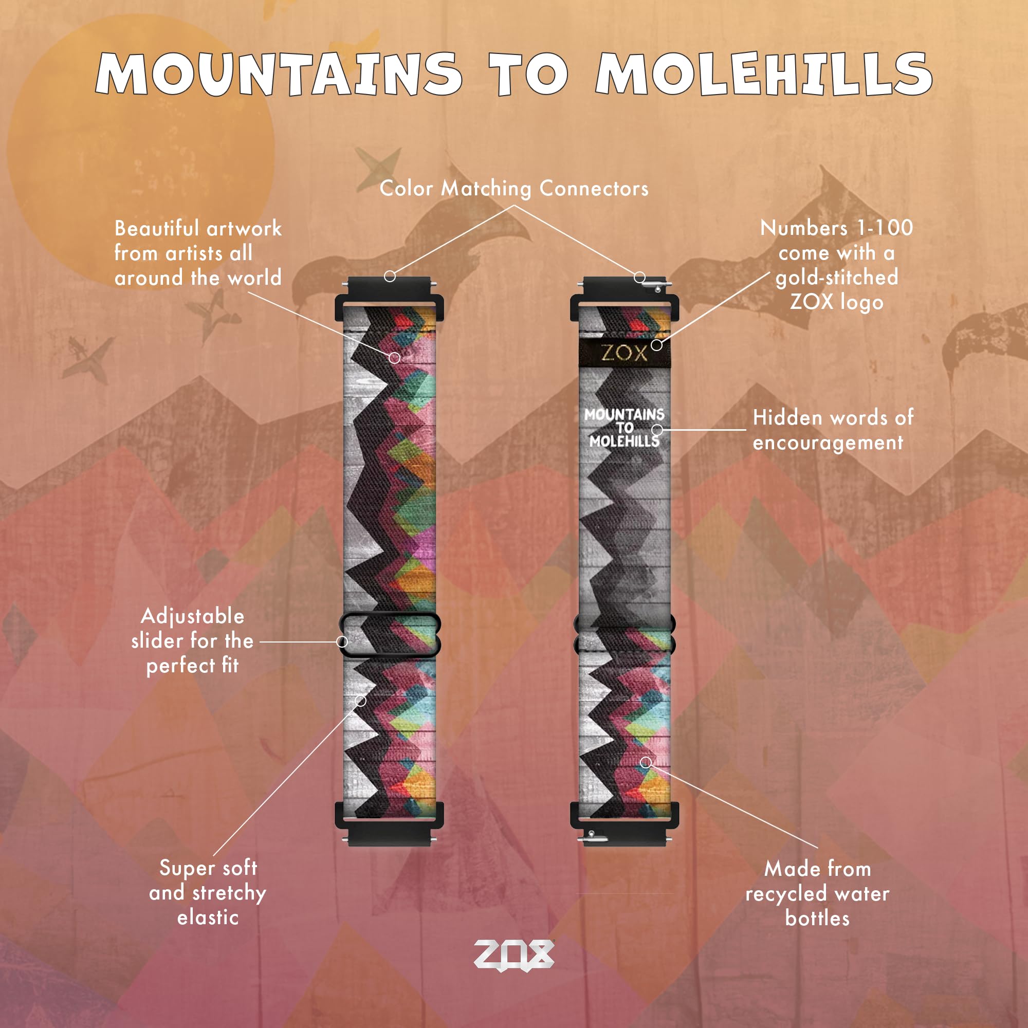 Zox Android Smart Watch Band - Mountains To Molehills | Soft, Adjustable Elastic Band With Motivational Affirmations And Beautif