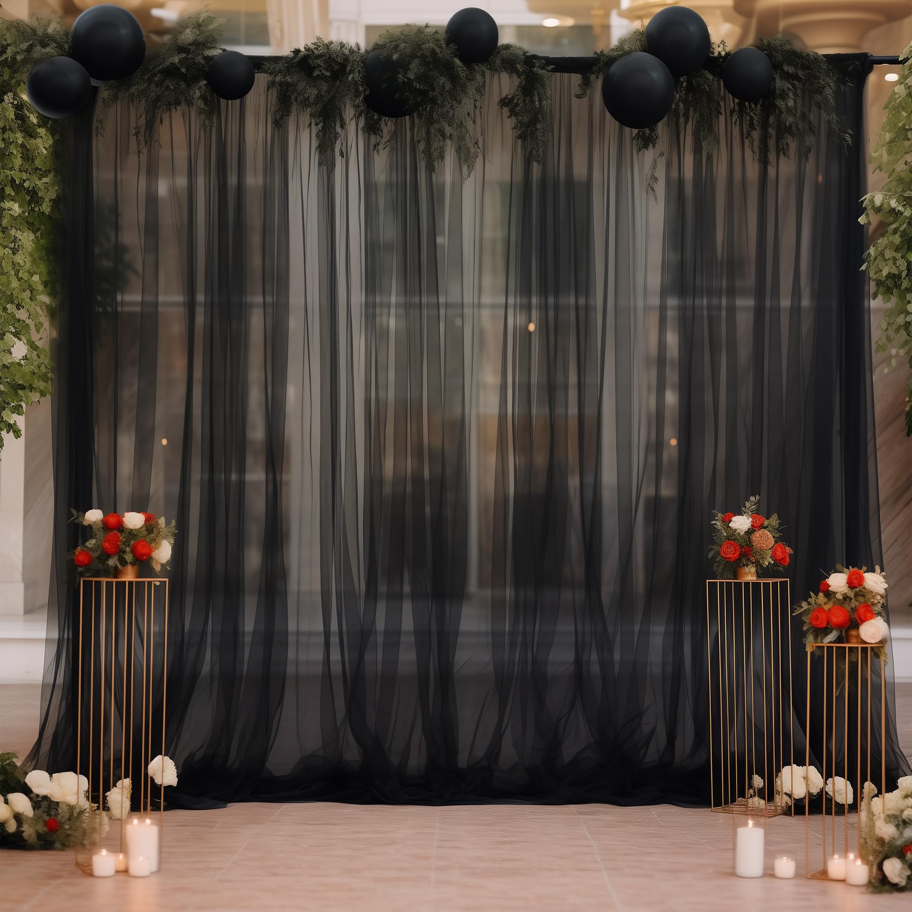 Wish Care 10X10Ft Sheer Black Backdrop Curtains For Parties, Tulle Wedding Arch Draping Fabric Photo Background For Birthday Par