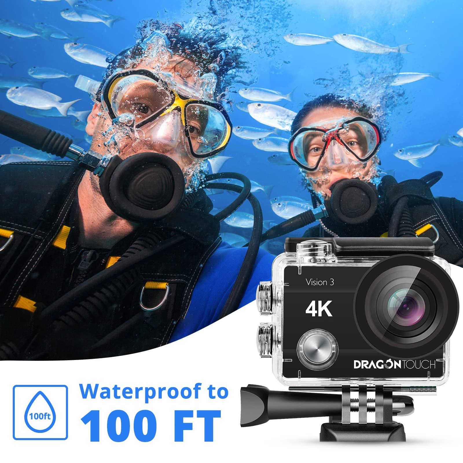 Dragon Touch 4K Action Camera 20Mp Vision 3 Underwater Waterproof Camera 170 Wide Angle Wifi Sports Cam With Remote And Mounting