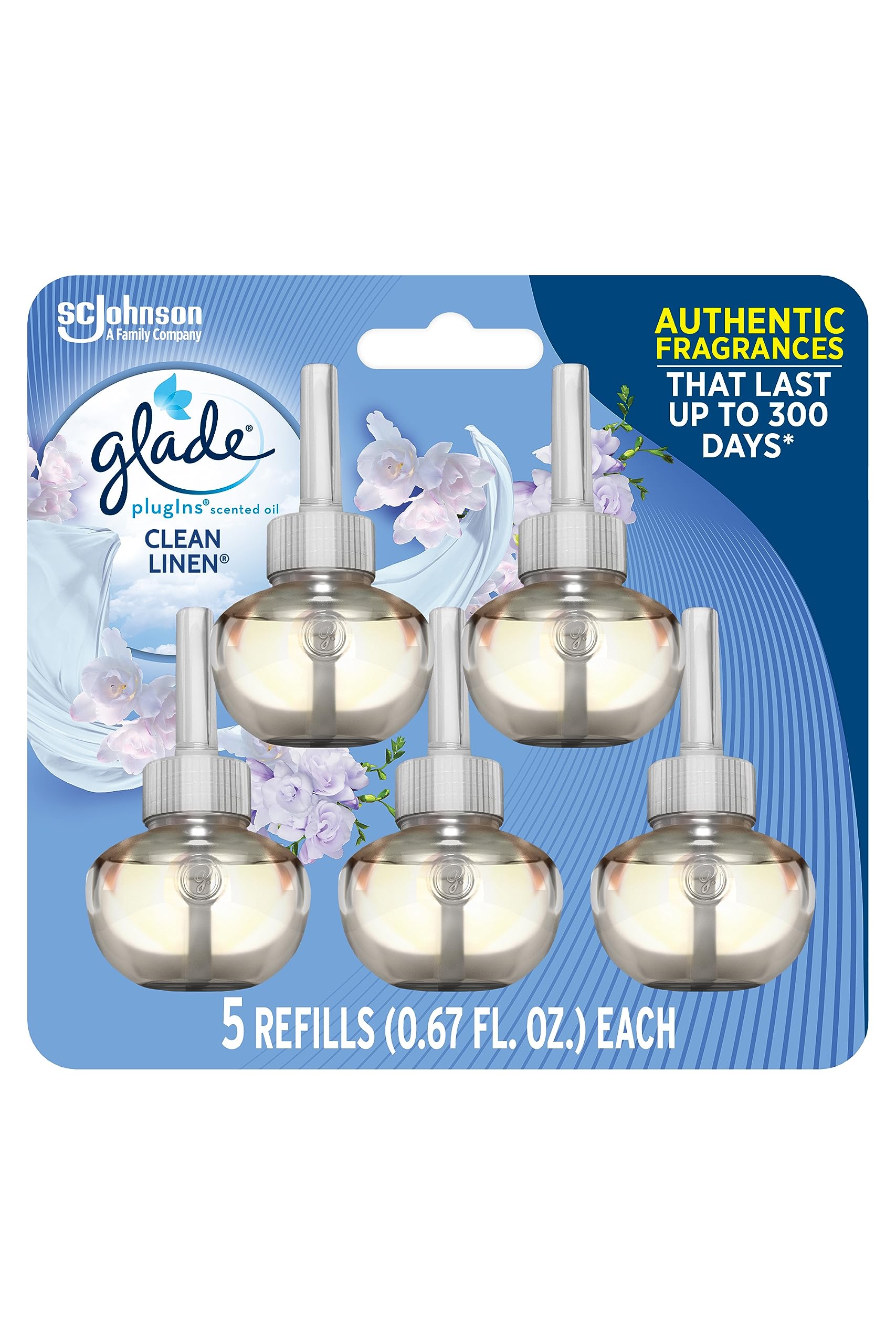 Glade Plugins Refills Air Freshener, Scented And Essential Oils For Home And Bathroom, Clean Linen, 3.35 Fl Oz, 5 Count
