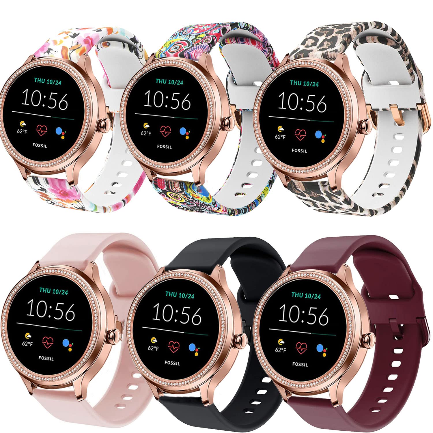 Vicrior Bands Compatible With Fossil Women'S Gen 5E 42Mm / Gen 6 42Mm Smart Watch, 6Pcs 18Mm Soft Silicone Fadeless Pattern Prin
