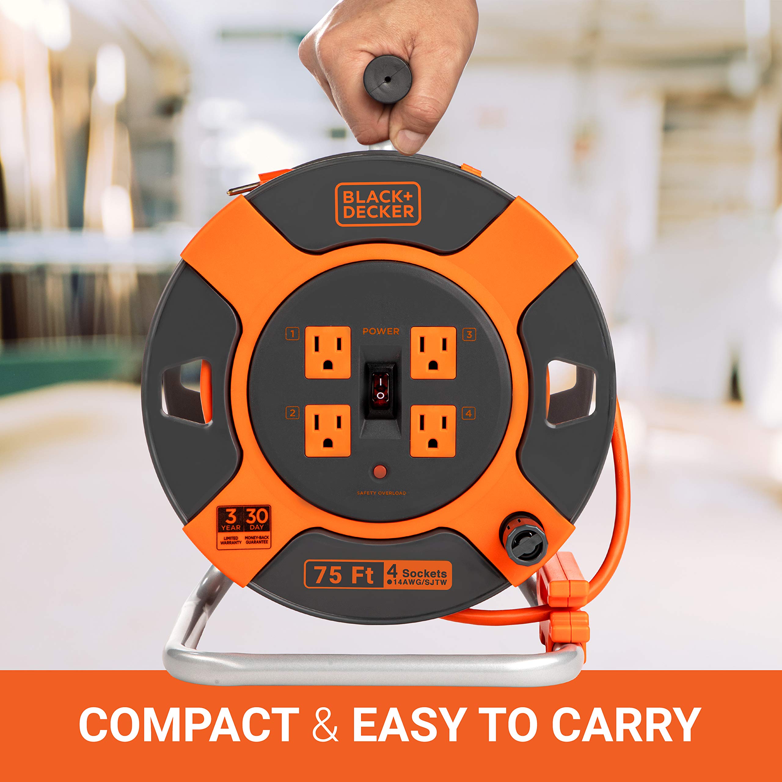 Black+Decker 75 Ft. Retractable Extension Cord Reel With 4 Outlets, Multi Plug Extension, Easy Handle Rewind & Heavy Duty 14Awg