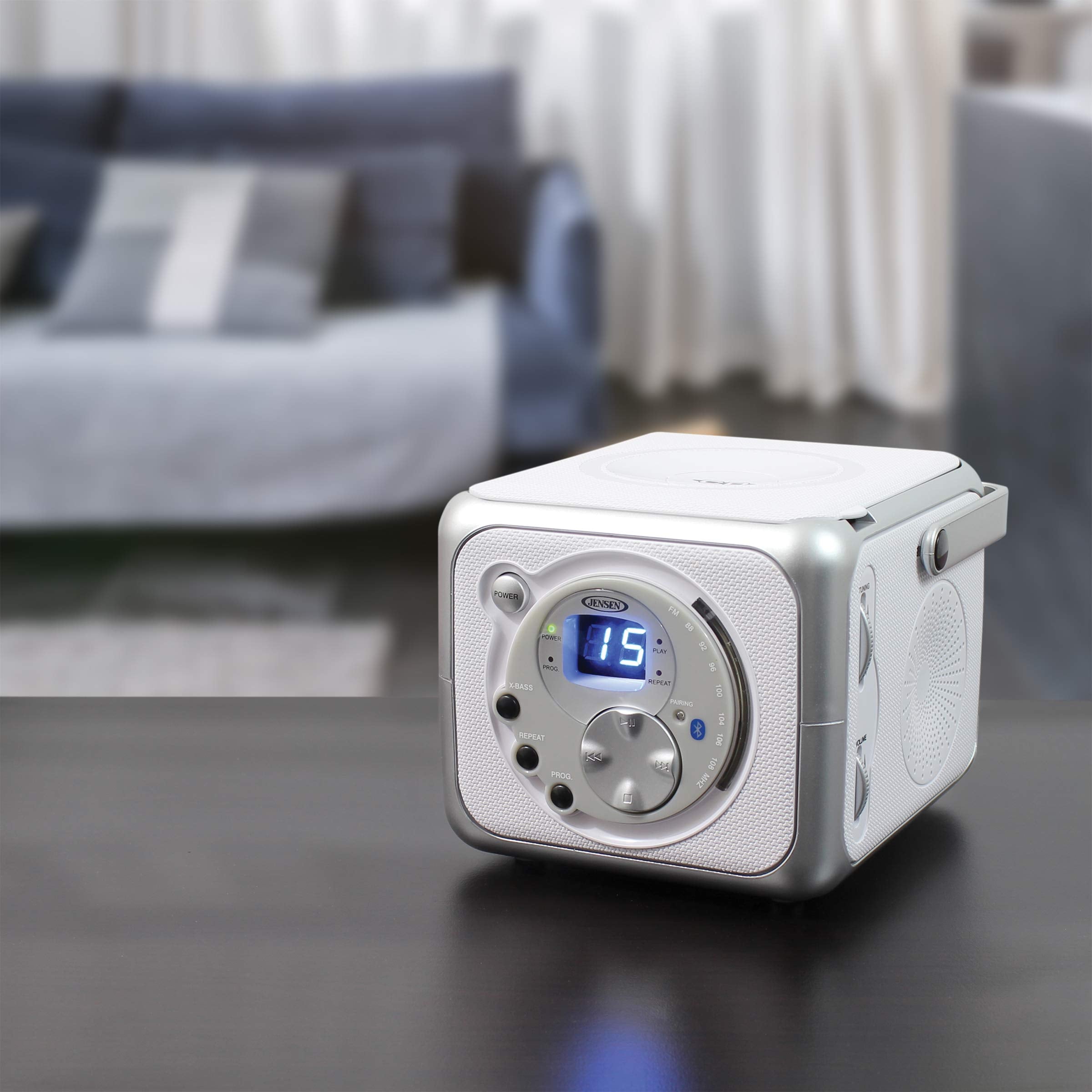 Jensen Fm Stereo Cd555 Bluetooth Boombox, Silver, 7.00 X 9.75 X 6.00 Inches