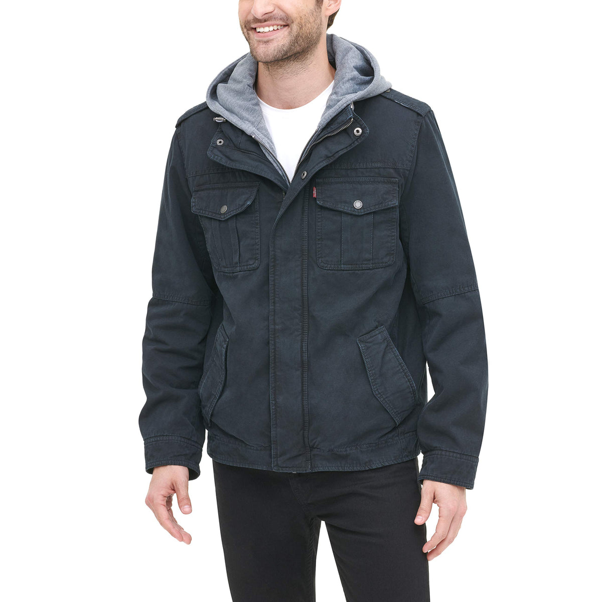 Levis Mens Washed Cotton Hooded Military Jacket, Navy, Small