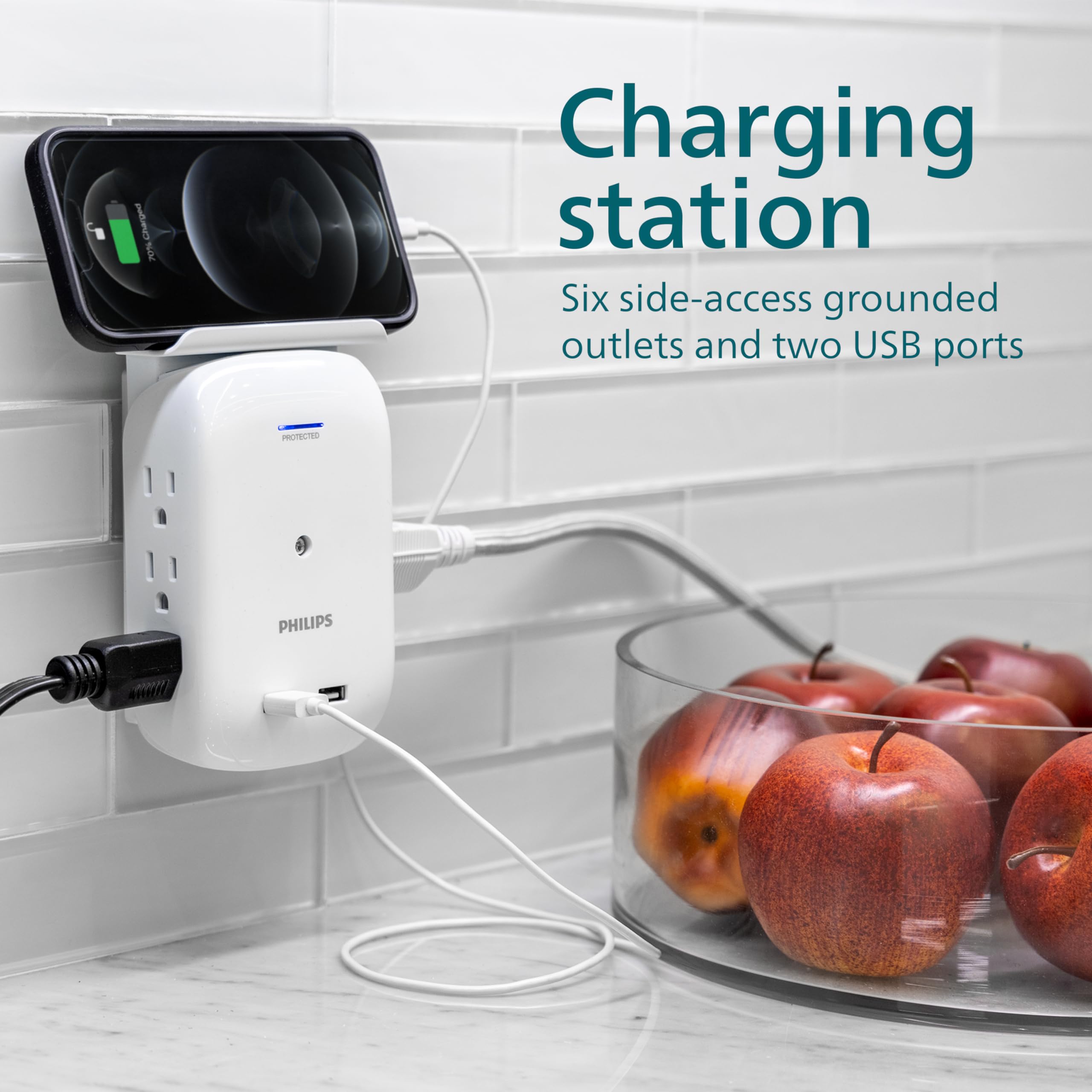 Philips 6 Outlet Tap With Device Shelf, 450J, Space Saving Design With Indicator Light, For Smartphone Charging Station, Multi U