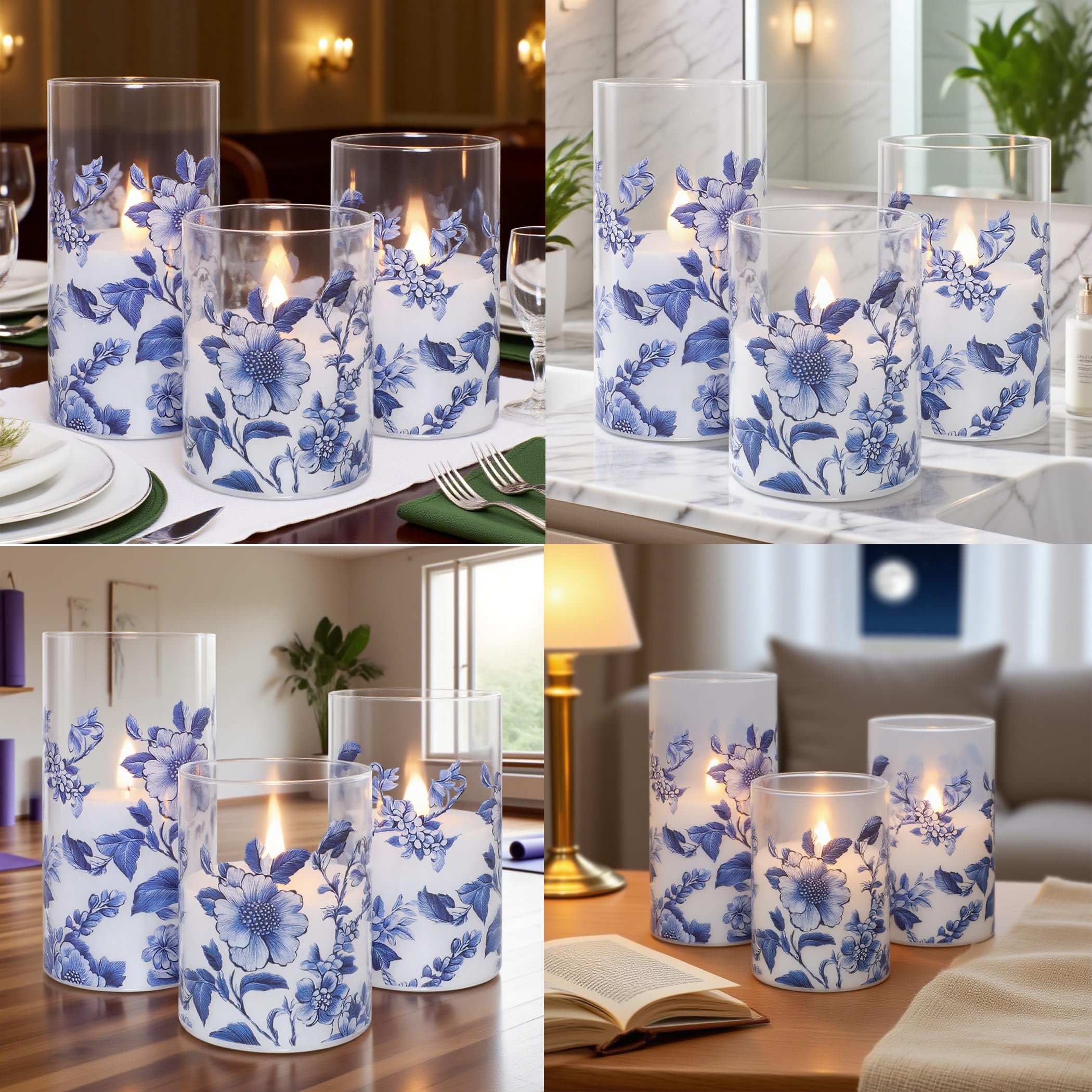 Flameless Candles Glass With Remote Control & Timer Function, Blue And White Porcelain Theme Design, Home Party Wedding Christma