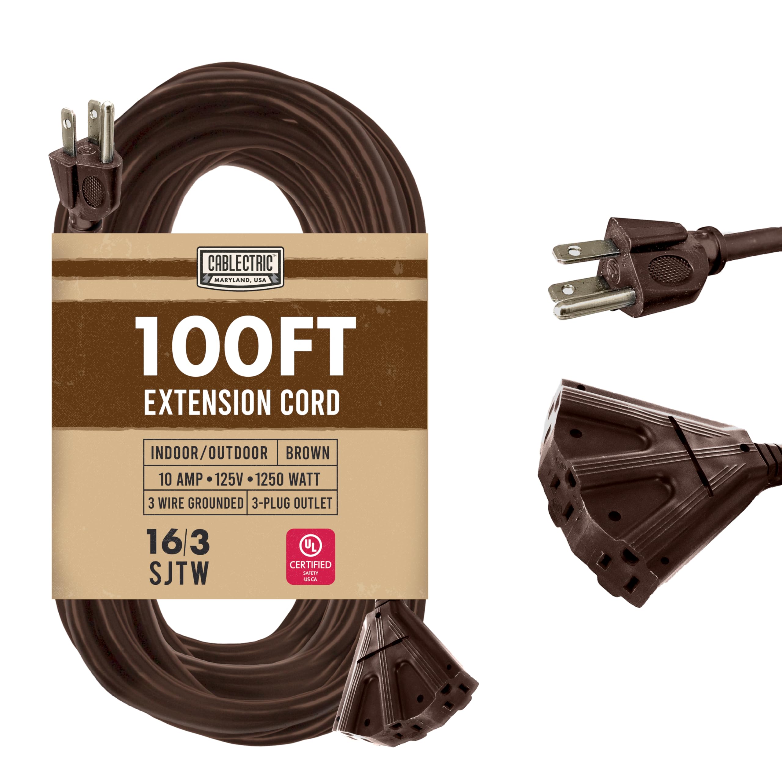 Cablectric 100 Ft Brown Outdoor Extension Cord 3 Outlet   16/3 Sjtw Weatherproof Heavy Duty Outdoor Extension Cord With Multiple