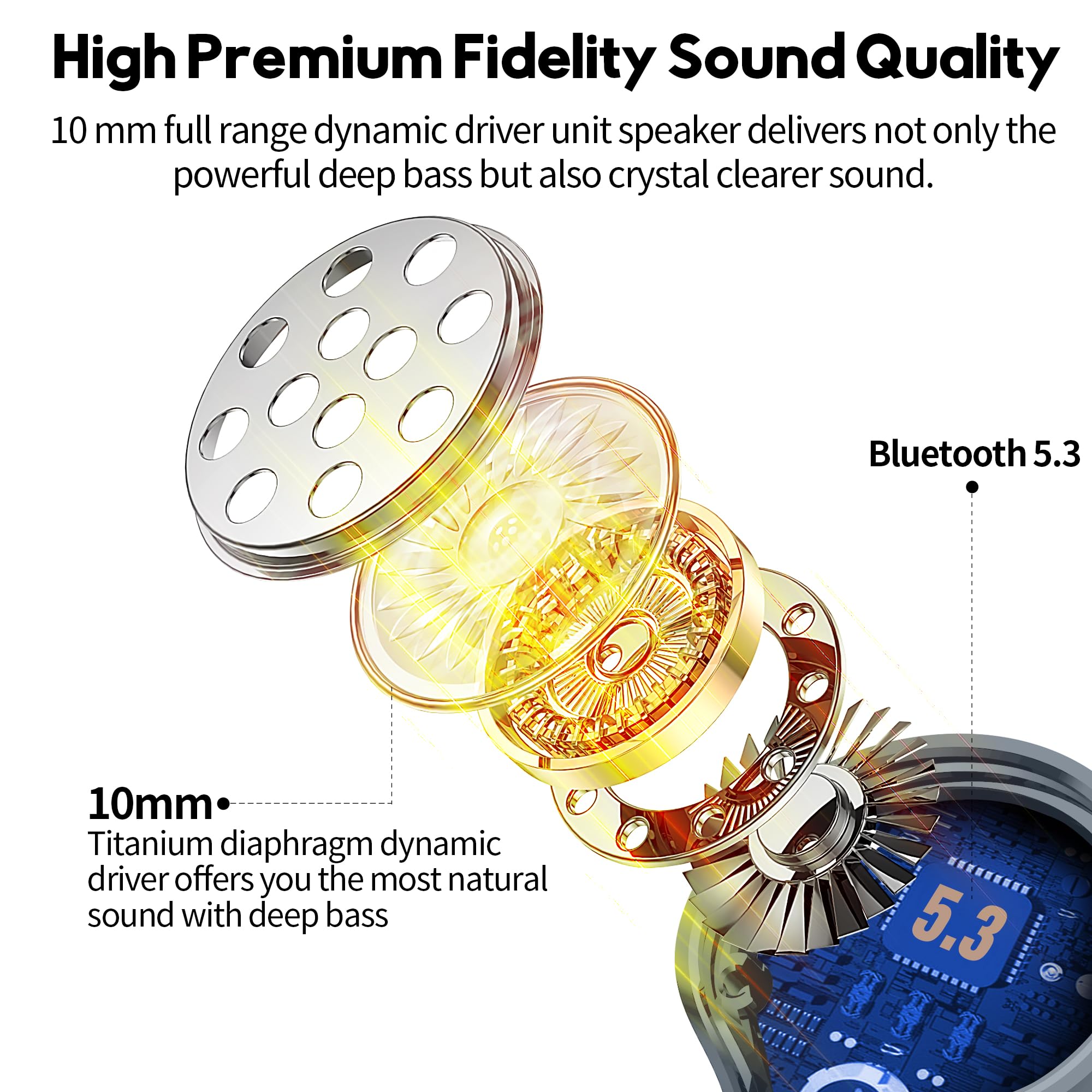 Wireless Earbuds,Immersive Sound Premium Deep Bass Hi Fi Stereo Headset Ipx8 Waterproof Bluetooth 5.3 With 4 Mics Call Noise Can