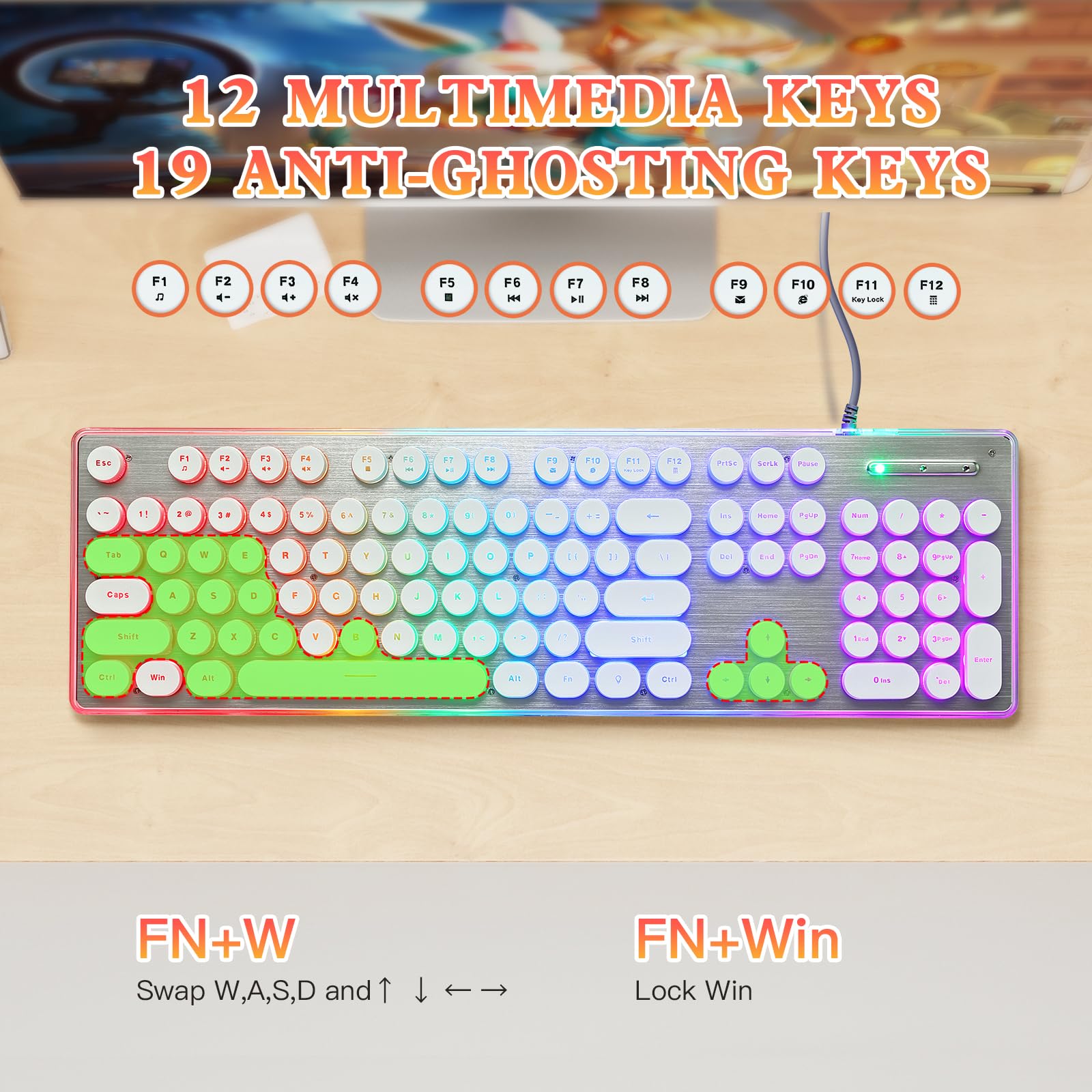 Answk Typewriter Style Keyboard With Metal Panel, Rainbow Led Backlit, Round Keys, Anti Ghosting, Spill Resistant, Light Up Usb