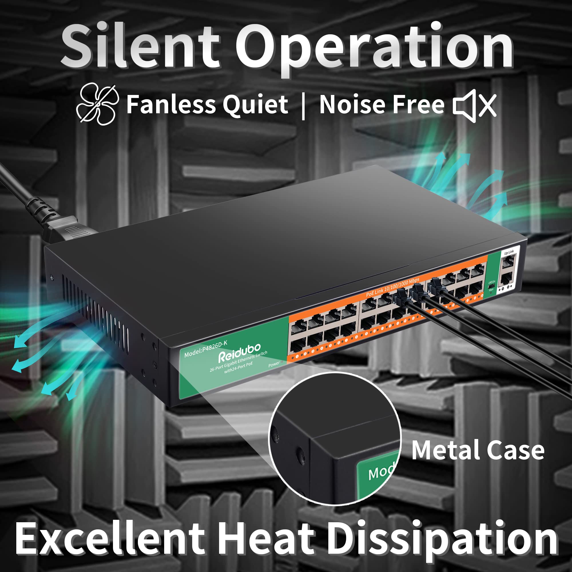 Reidubo 24 Port Gigabit Poe Switch With 2 Uplink Gigabit Ethernet Ports, 400W, Unmanaged,19 Inch Rackmount, Vlan, 802.3Af/At, Fa