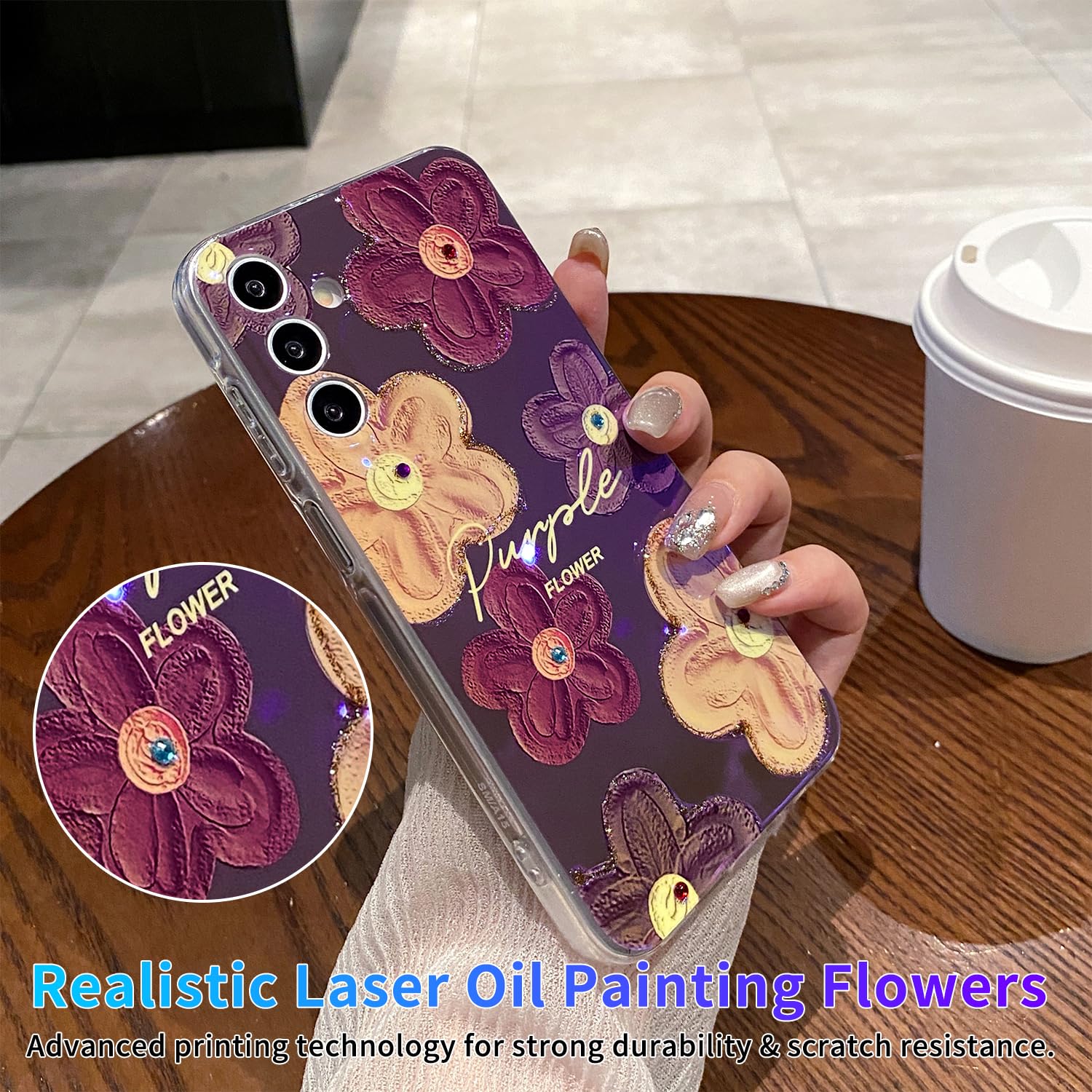 Leleyun Case For Samsung Galaxy A25 5G, Retro Oil Painting Printed Flower Cute Pattern With Glitter Gem Phone Cover Durable Tpu