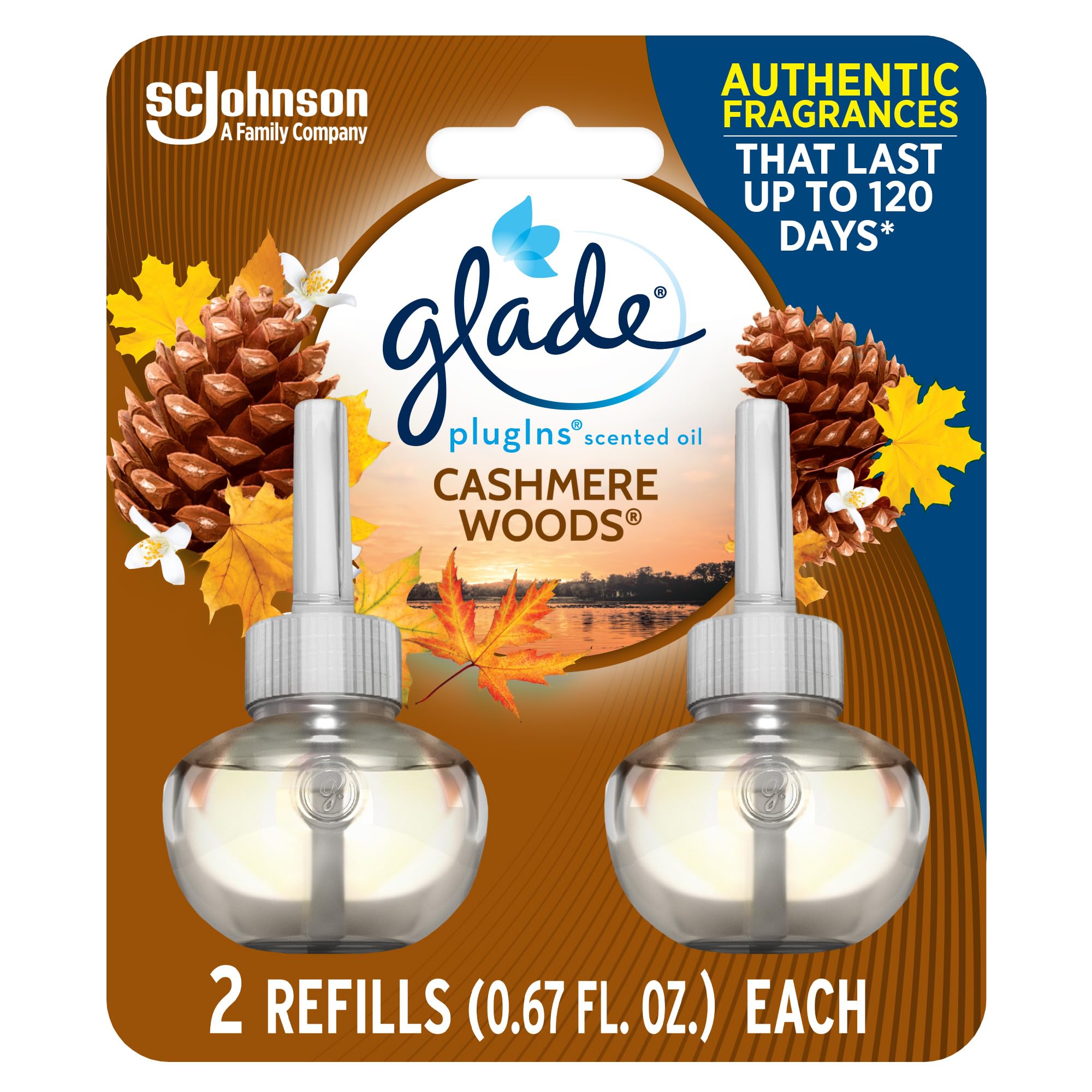 Glade Plugins Refills Air Freshener, Scented And Essential Oils For Home And Bathroom, Cashmere Woods, 1.34 Fl Oz, 2 Count