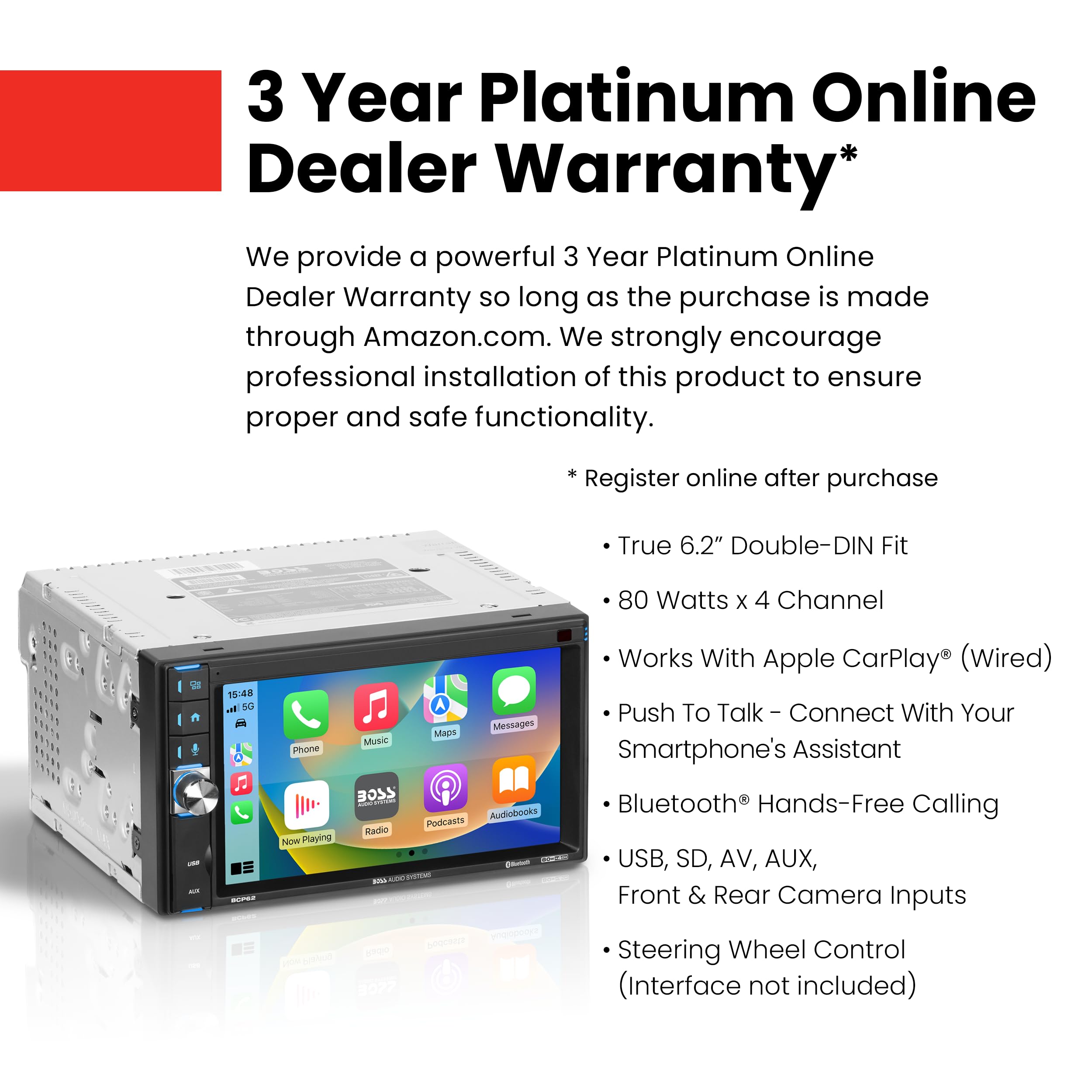 Boss Audio Systems Bcp62 Car Stereo   Apple Carplay, Double Din, 6.2 Inch Capacitive Touchscreen, Bluetooth, No Cd Dvd Player, A