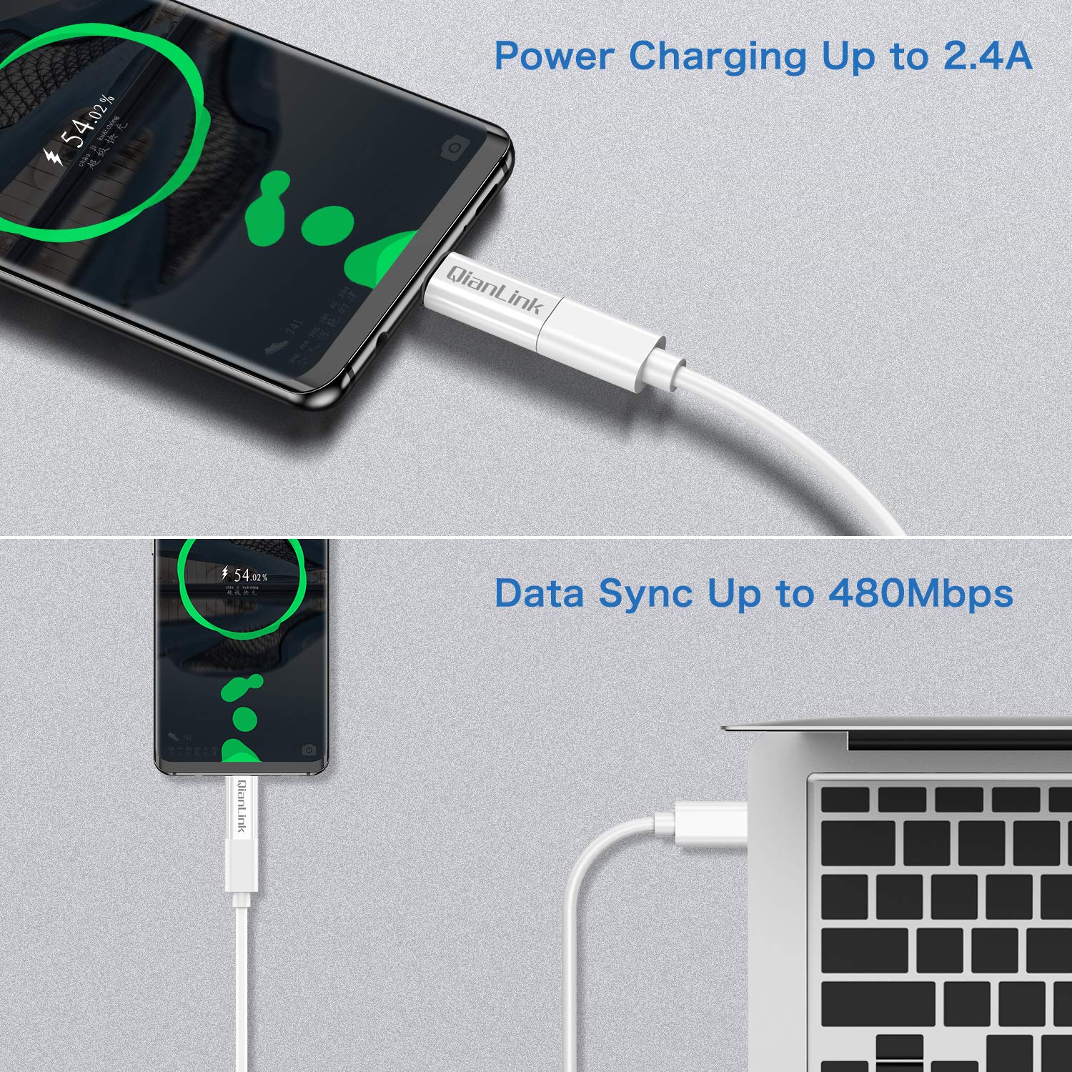 QianLink Mini USB to USB C Adapter QER3 Fast Charging Data Sync White (2-Pack)
