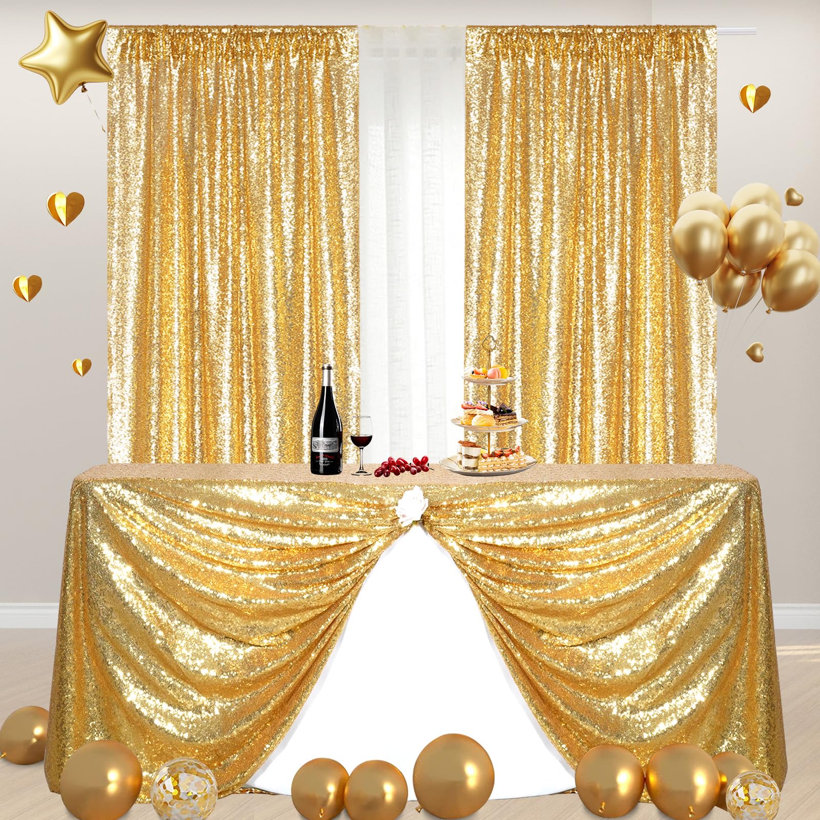 Poise3Ehome Gold Sequin Backdrop Curtains, 2 Panels Gold Sequin Backdrop, 2Ftx8Ft Sequin Curtains For Party Wedding Sequence Bac