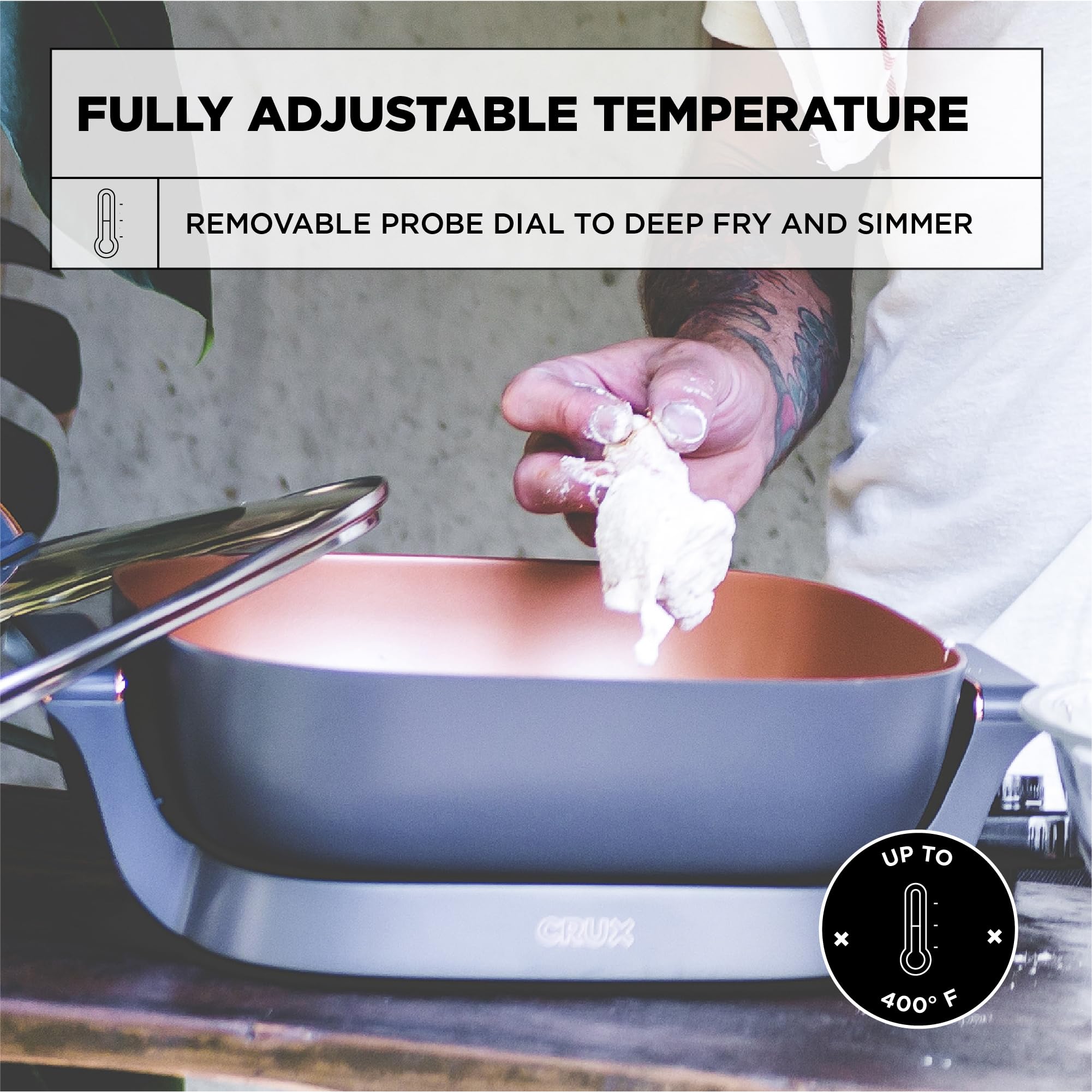 Crux Electric Skillet With Glass Lid   Nonstick Scratch Resistant Ceramic Pan, Extra Deep With Removable Temperature Probe, 12' X 12', 1400 Watts, Pfoa & Ptfe Free