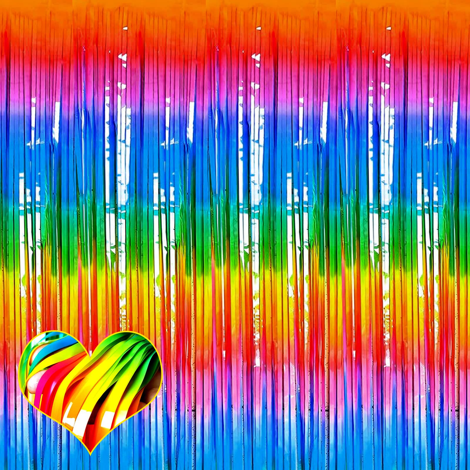 4 Pack Rainbow Fringe Curtain Backdrop, 3.2Ft X 8.2Ft Metallic Tinsel Foil Fringe Streamers Curtains Background For Photo Booth