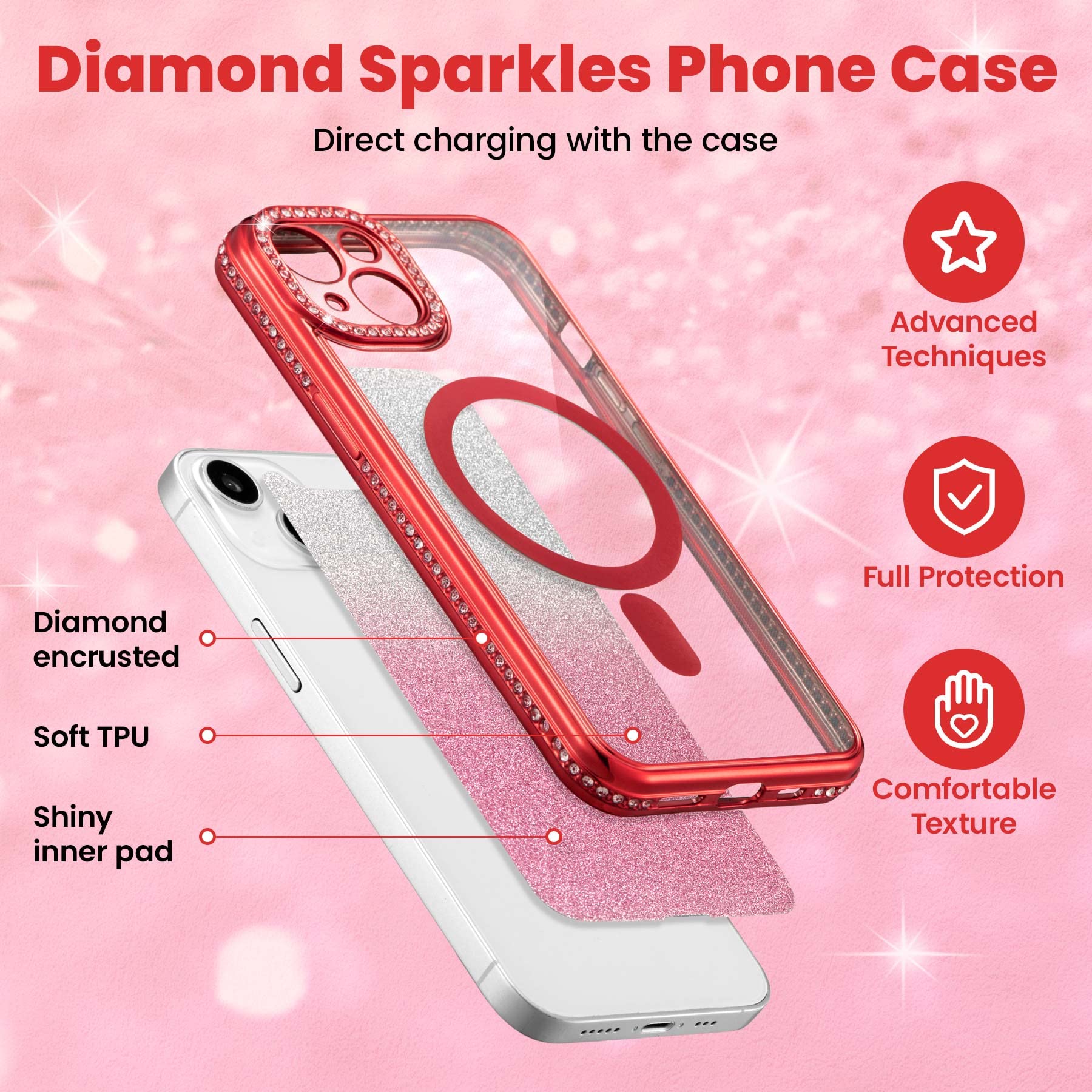 Zcdaye Case For Iphone 14 Pro Max With Diamond Decorated, Iphone 14 Pro Max Phone Case Compatible With Wirless Charging, Red Edg