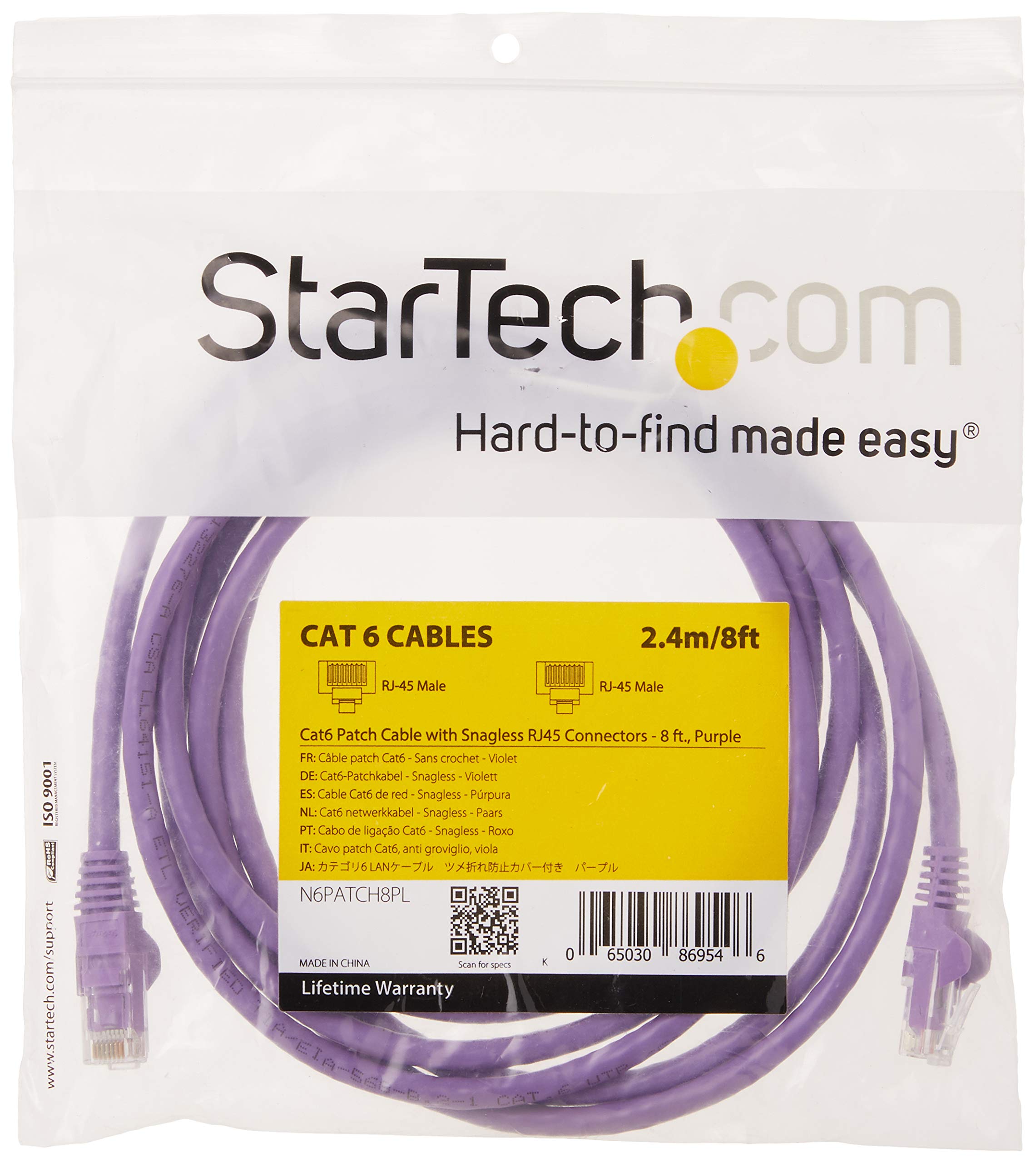 StarTech.com 8ft CAT6 Ethernet Cable   Purple CAT 6 Gigabit Ethernet Wire  650MHz 100W PoE RJ45 UTP Network/Patch Cord Snagless w/Strain Relief Fluke Tested/Wiring is UL Certified/TIA (N6PATCH8PL)