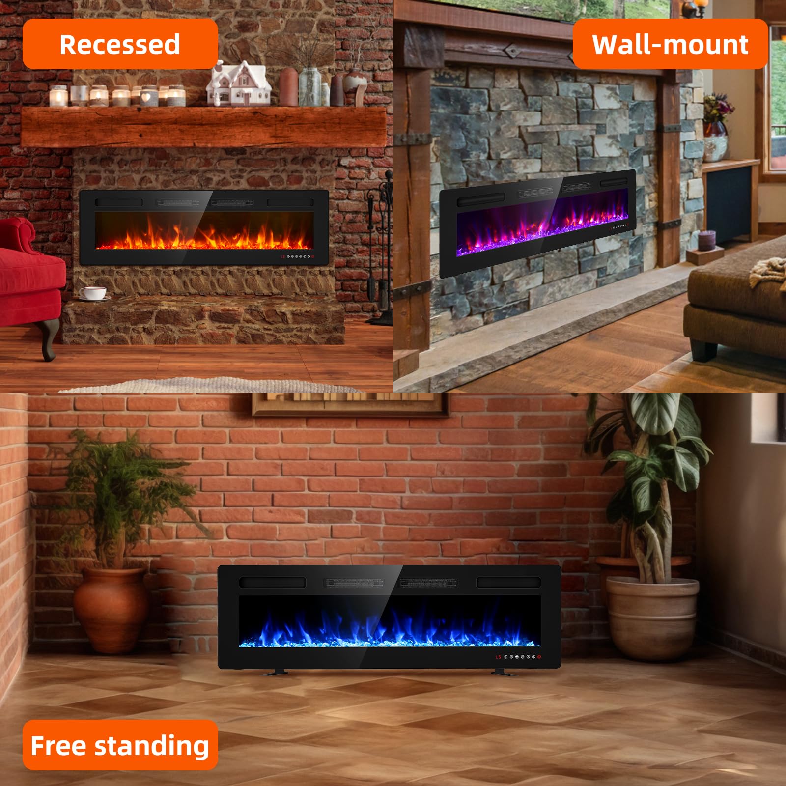 Zionheat 60 Inches Electric Fireplace Wall Fireplace For Living Room Fireplace Freestanding/Inserts/Wall Mounted With Remote Con