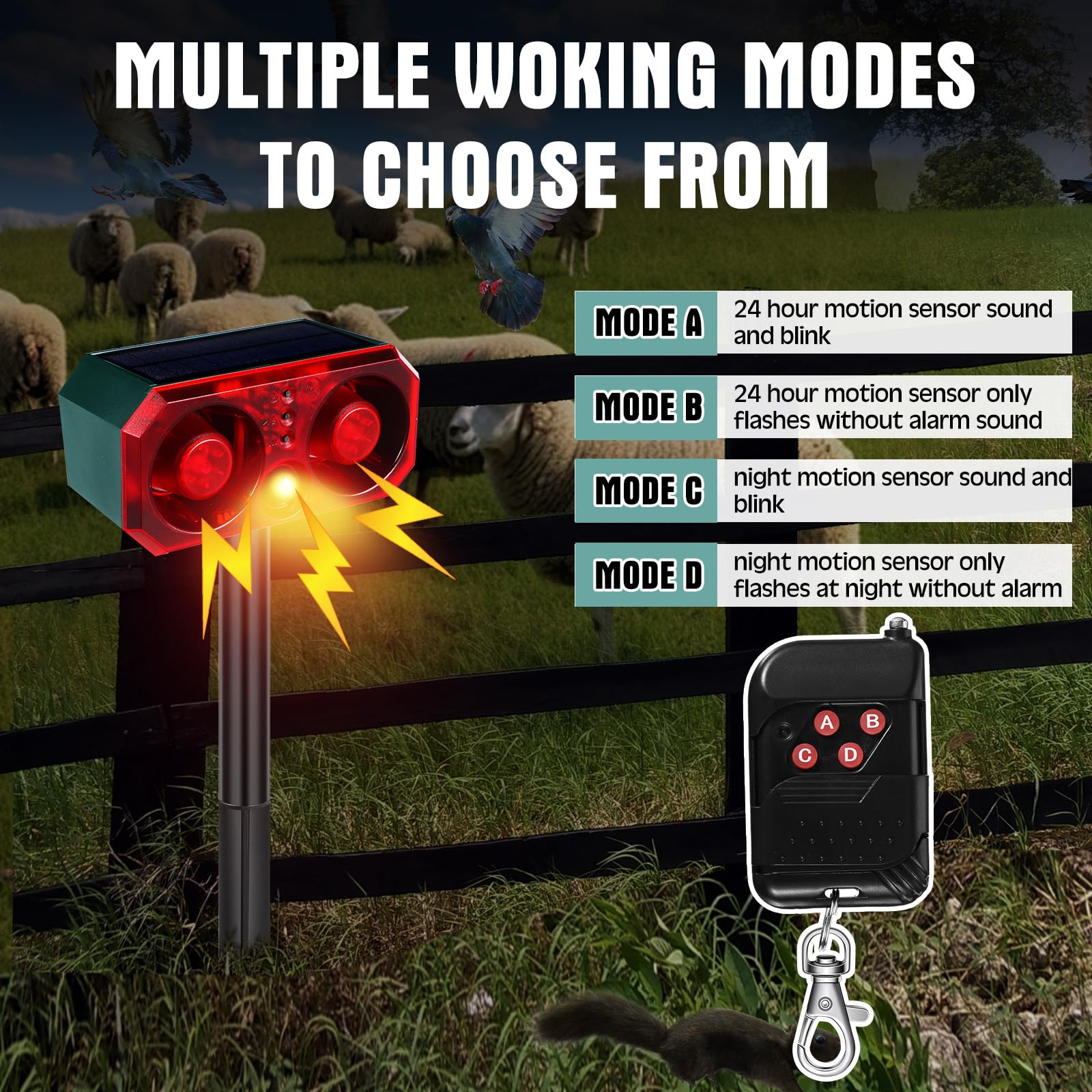 Qualirey 4 Pack Solar Outdoor Ultrasonic Mouse Repellent Animal Deterrent With Alarm Strobe Light Remote Control 129Db Loud Nois