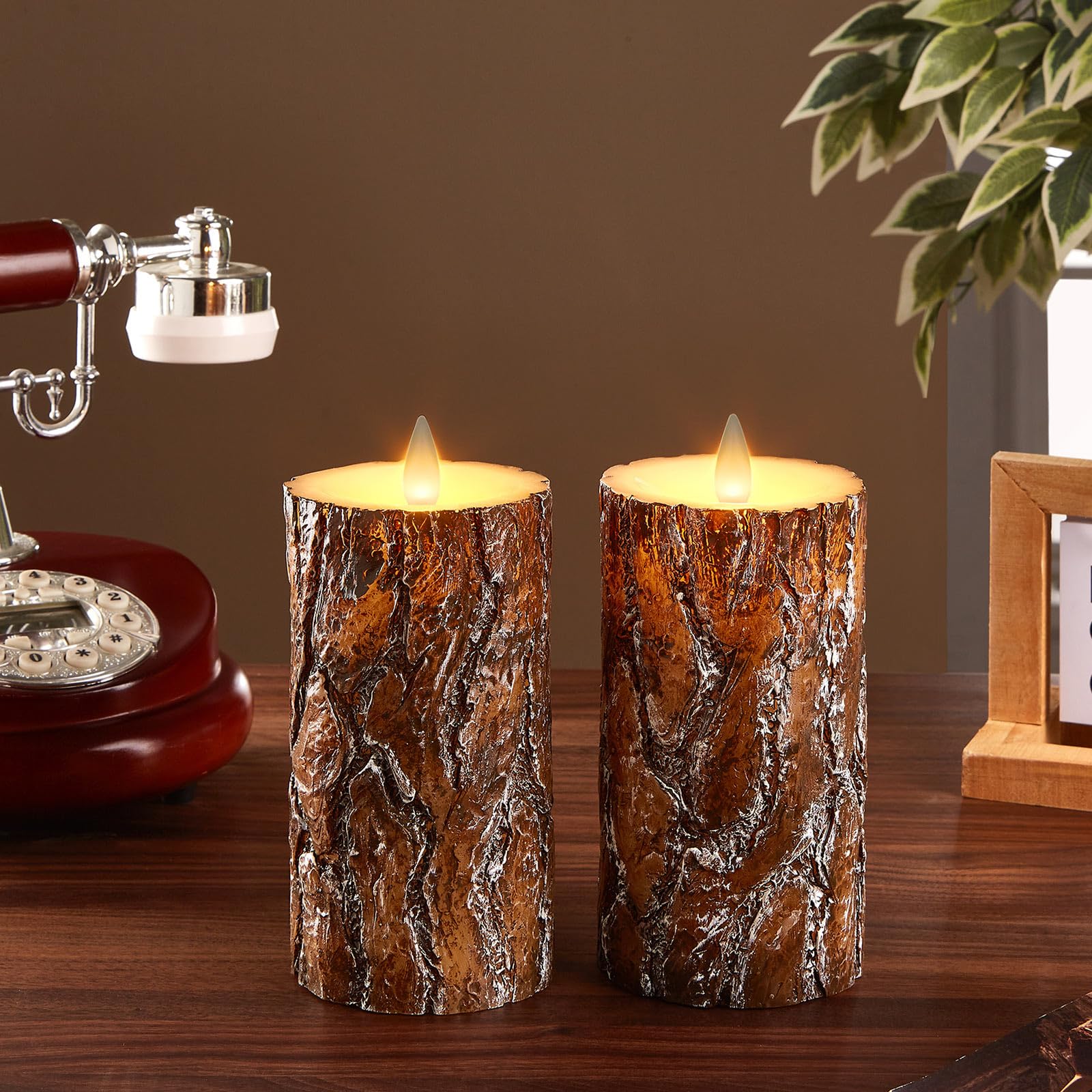 Cozierglow Pine Flameless Pillar Candles Flickering With Remote Timer, Battery Operated Led 3D Moving Flame Real Wax Candles, Se