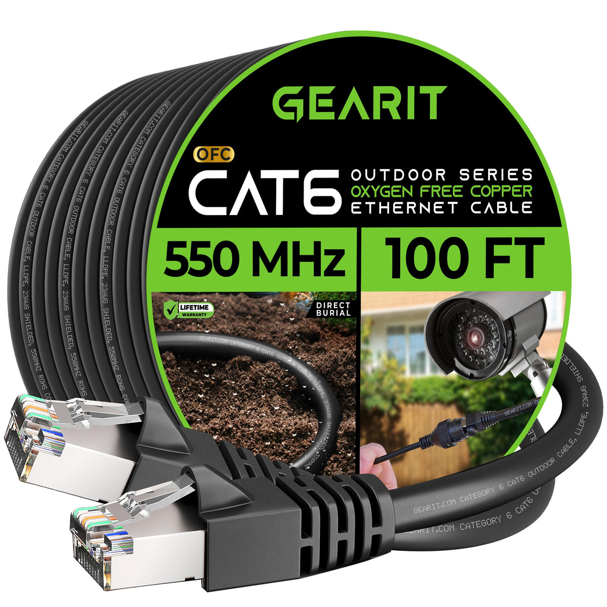 Gearit Cat6 Outdoor Ethernet Cable (100Ft) 23Awg Pure Copper, Ftp, Lldpe, Waterproof, Direct Burial, In Ground, Uv Resistant, Po
